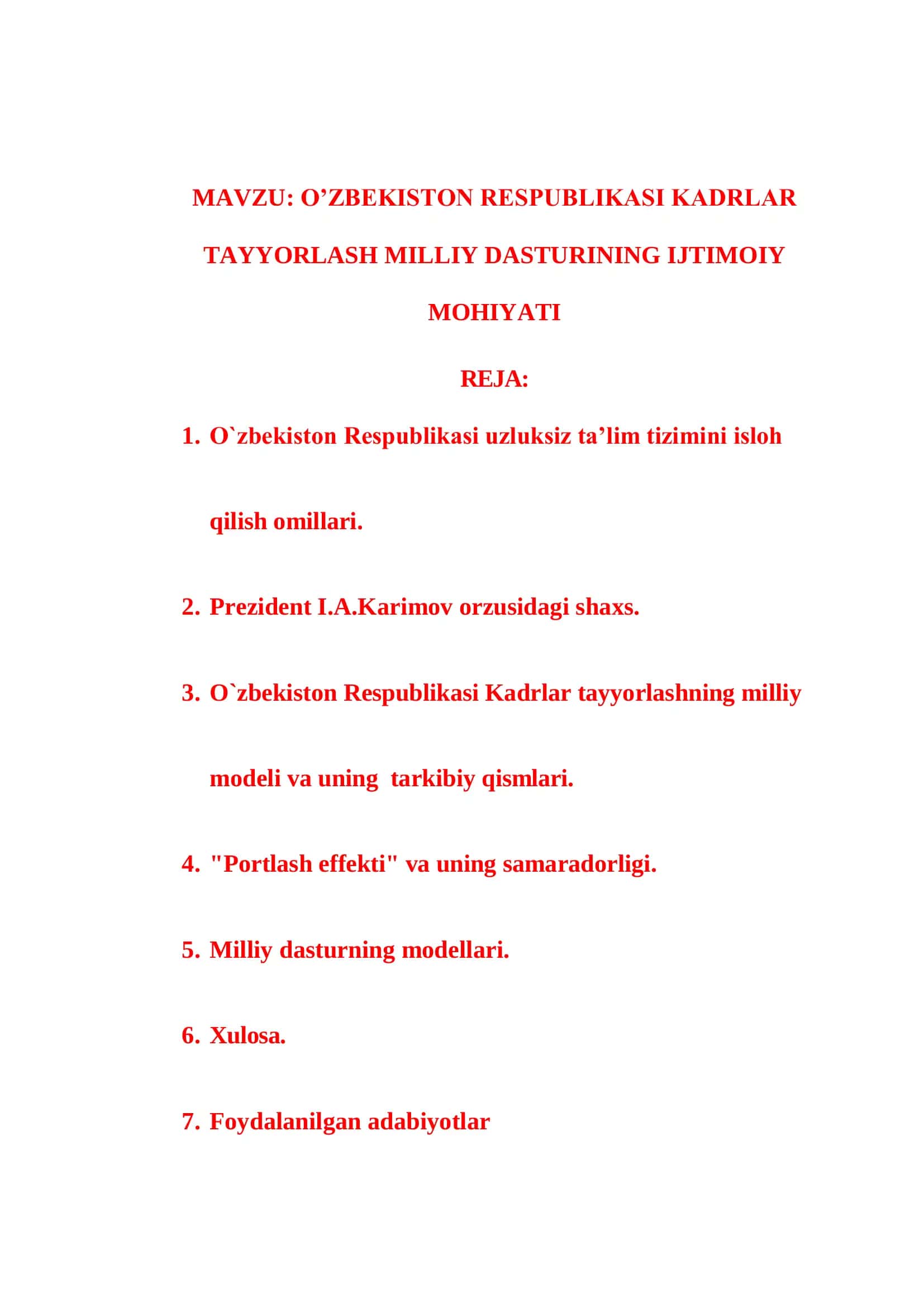 O‘zbekiston Respublikasi Kadrlar Tayyorlash Milliy Modeli