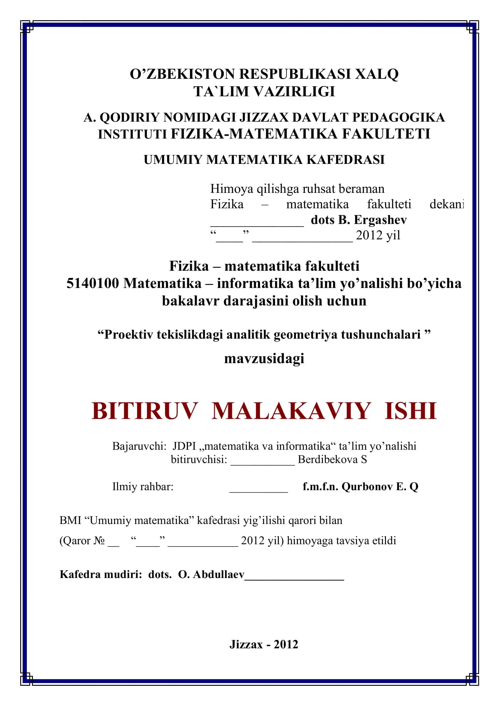 Proektiv tekislikdagi analitik geometriya tushunchalari