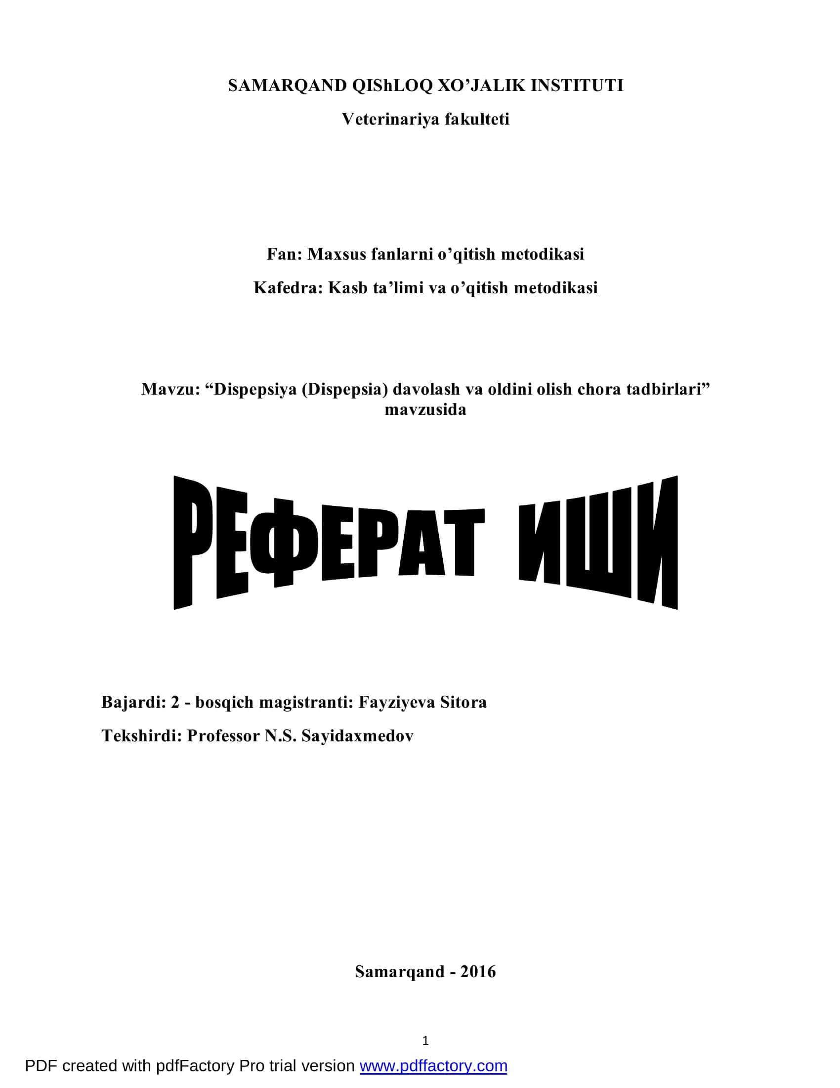 Maxsus fanlarni o’qitish metodikasi