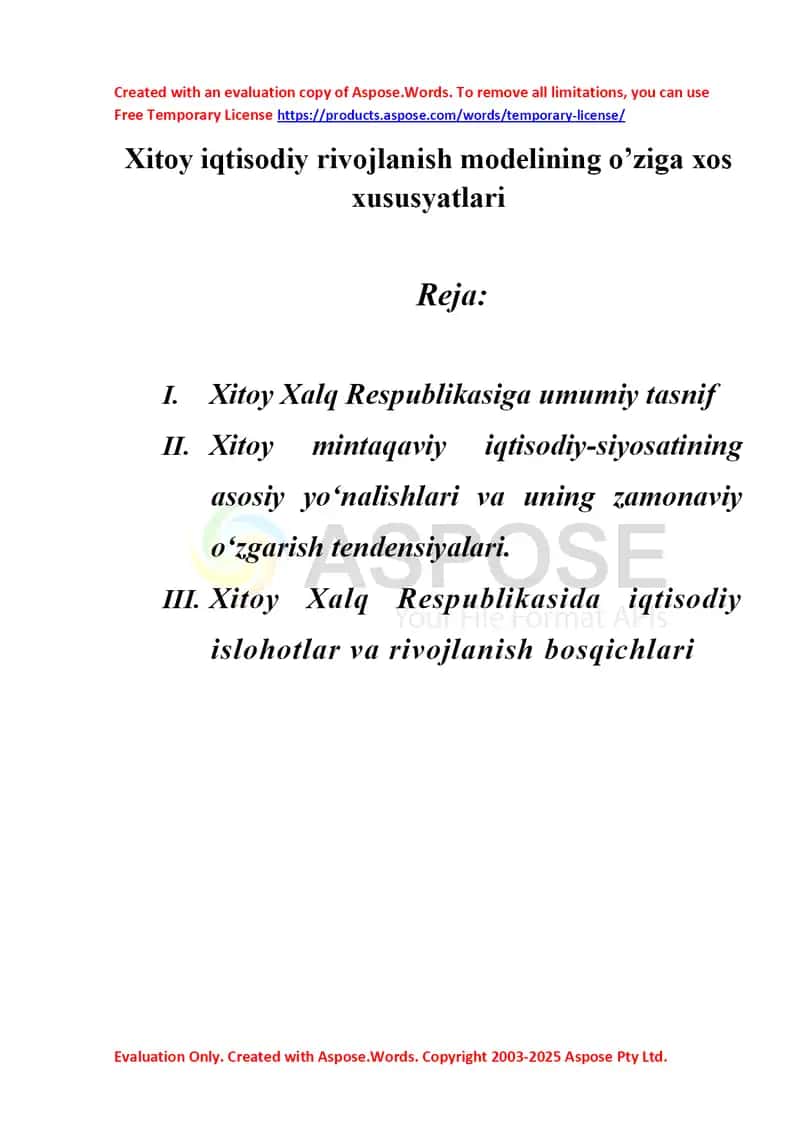 Xitoy iqtisodiy rivojlanish modelining o’ziga xos xususyatlari