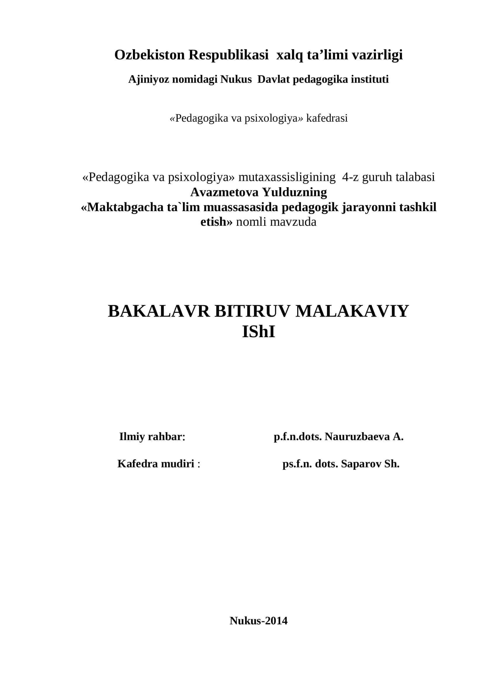 Maktabgacha ta'lim muassasasida pedagogik jarayonni tashkil etish