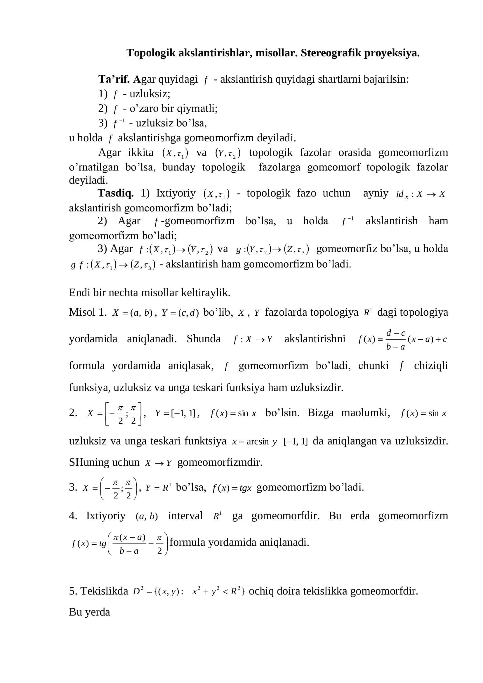 Topologik akslantirishlar, misollar. Stereografik proyeksiya