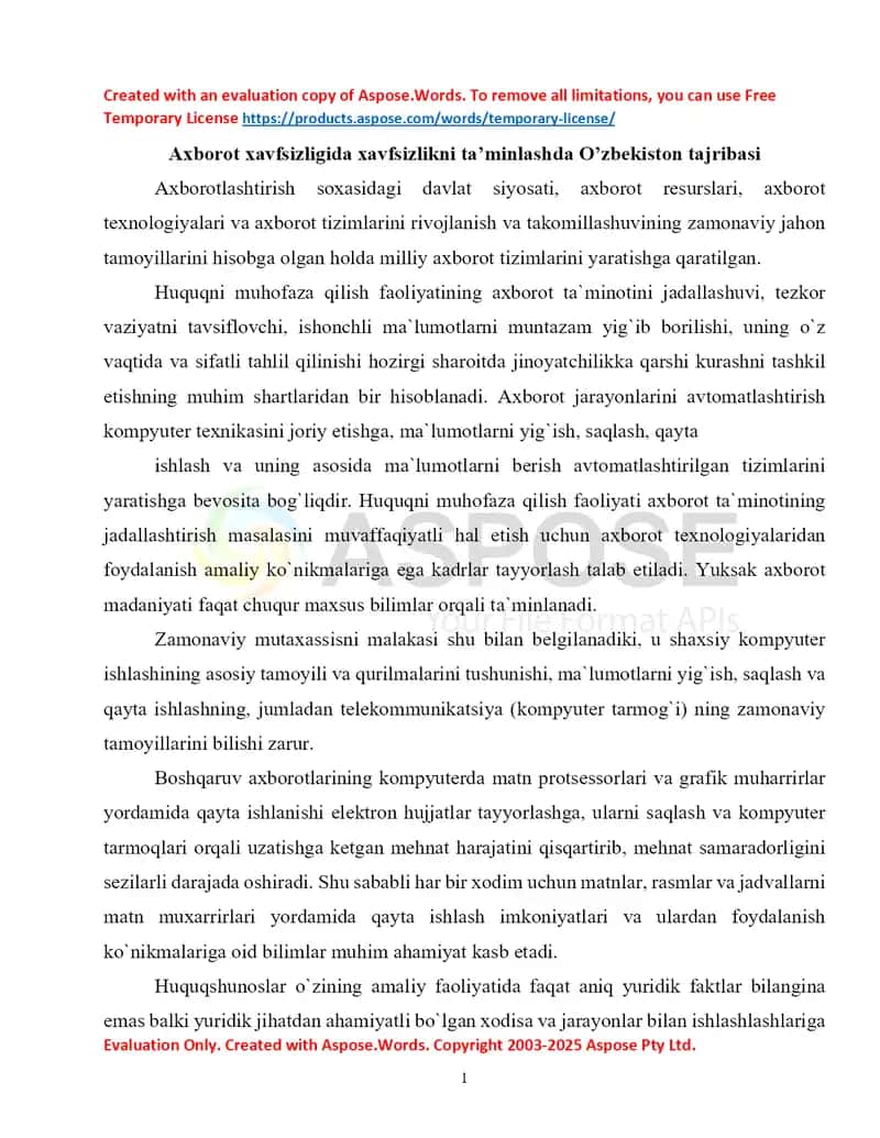 Axborot xavfsizligida xavfsizlikni ta’minlashda O’zbekiston tajribasi