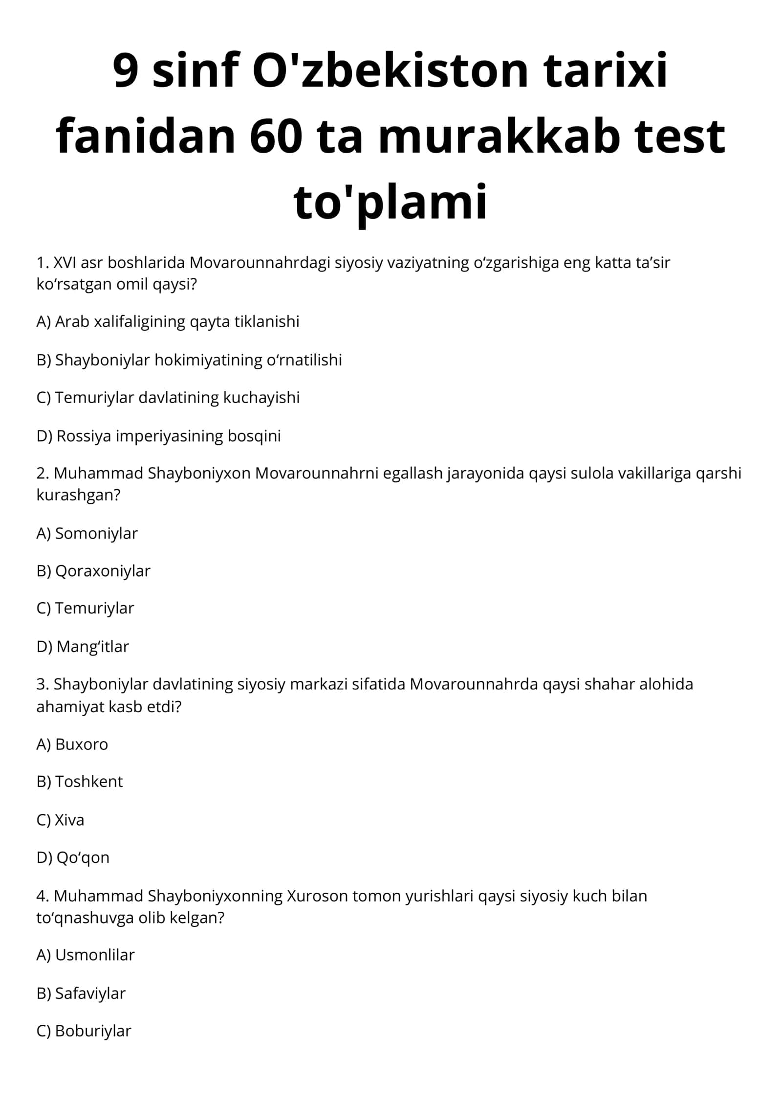 9 sinf O'zbekiston tarixi fani test to'plami