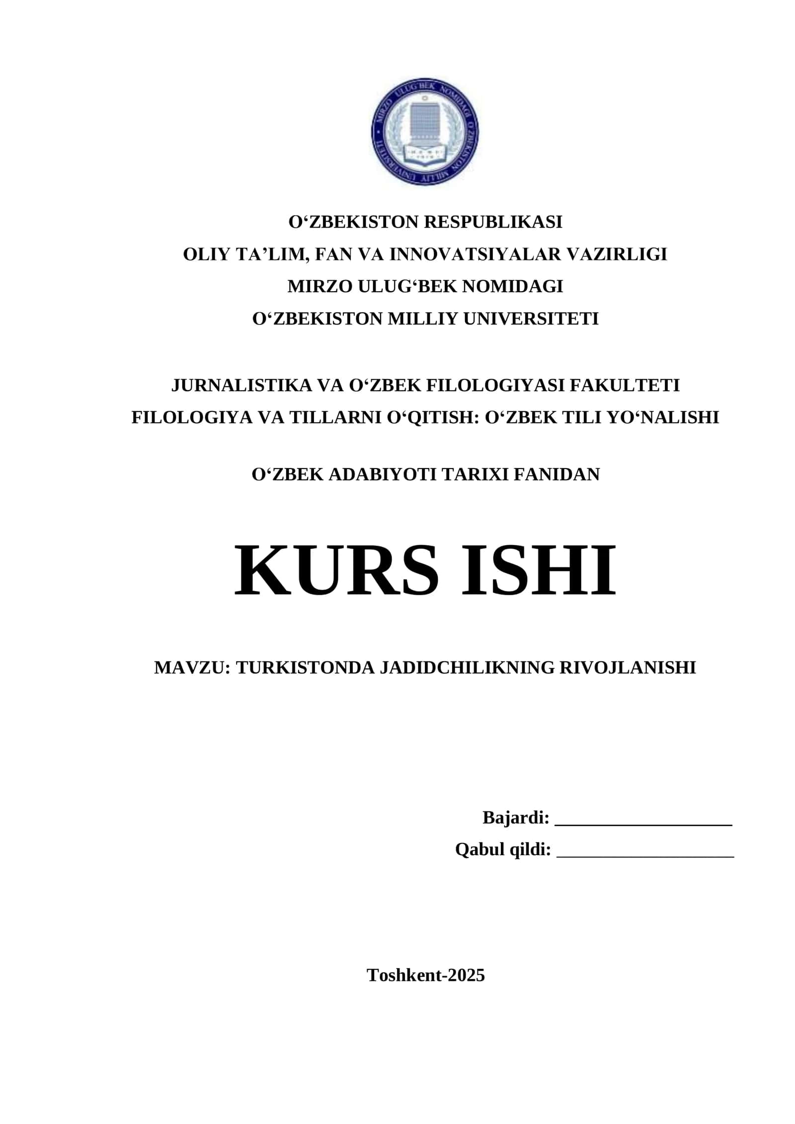 TURKISTONDA JADIDCHILIKNING RIVOJLANISHI