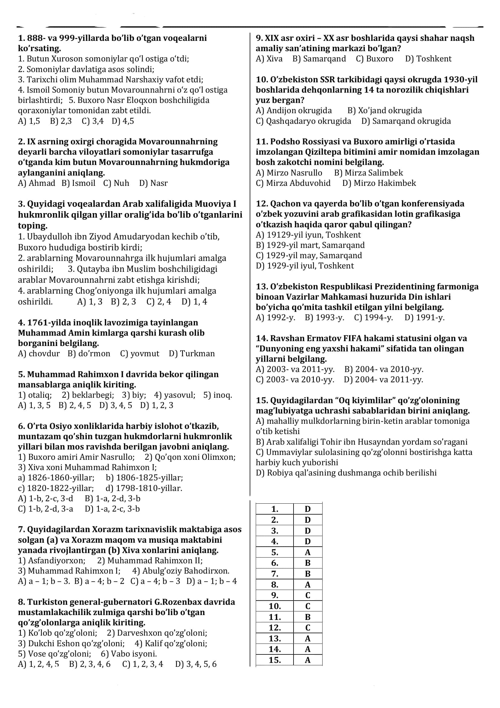 tarixdan maajburiy testlar