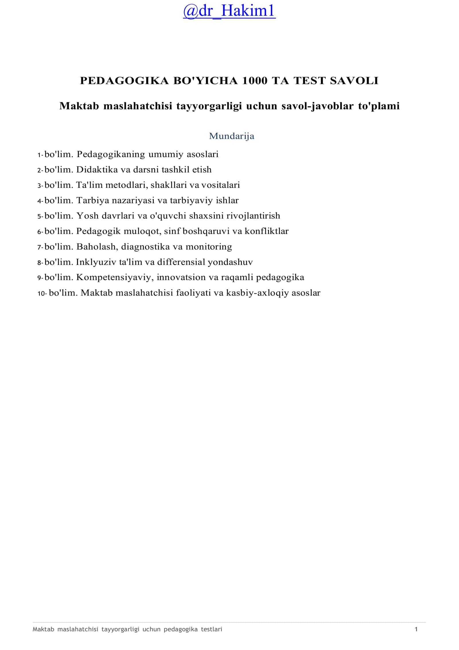 Maktab maslahatchisi tayyorgarligi uchun pedagogika testlari
