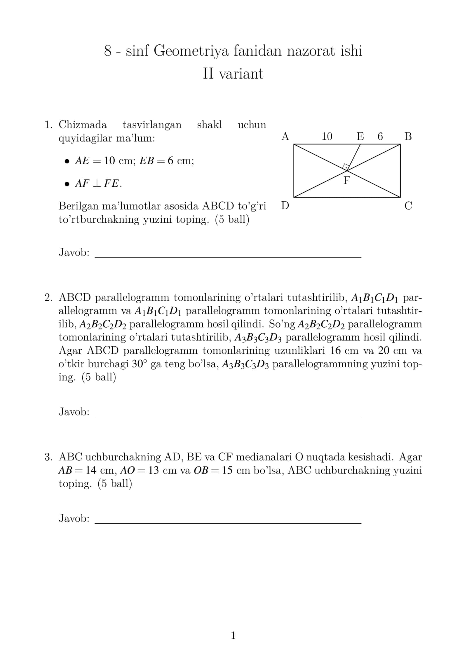 8 - sinf Geometriya fanidan nazorat ishi