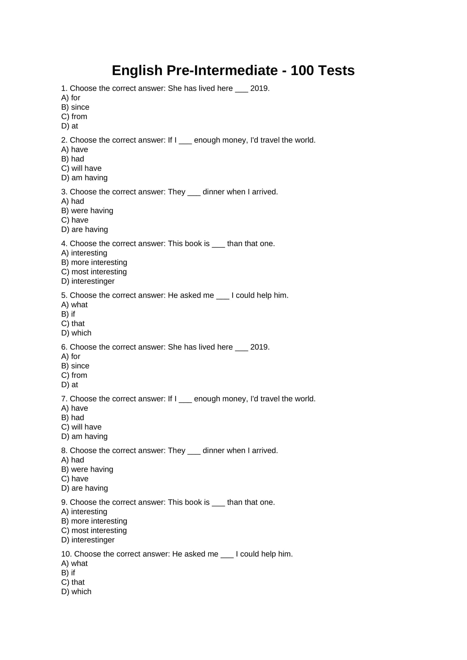 A2 va B1 Pre-Intermediate - 100 Testlar