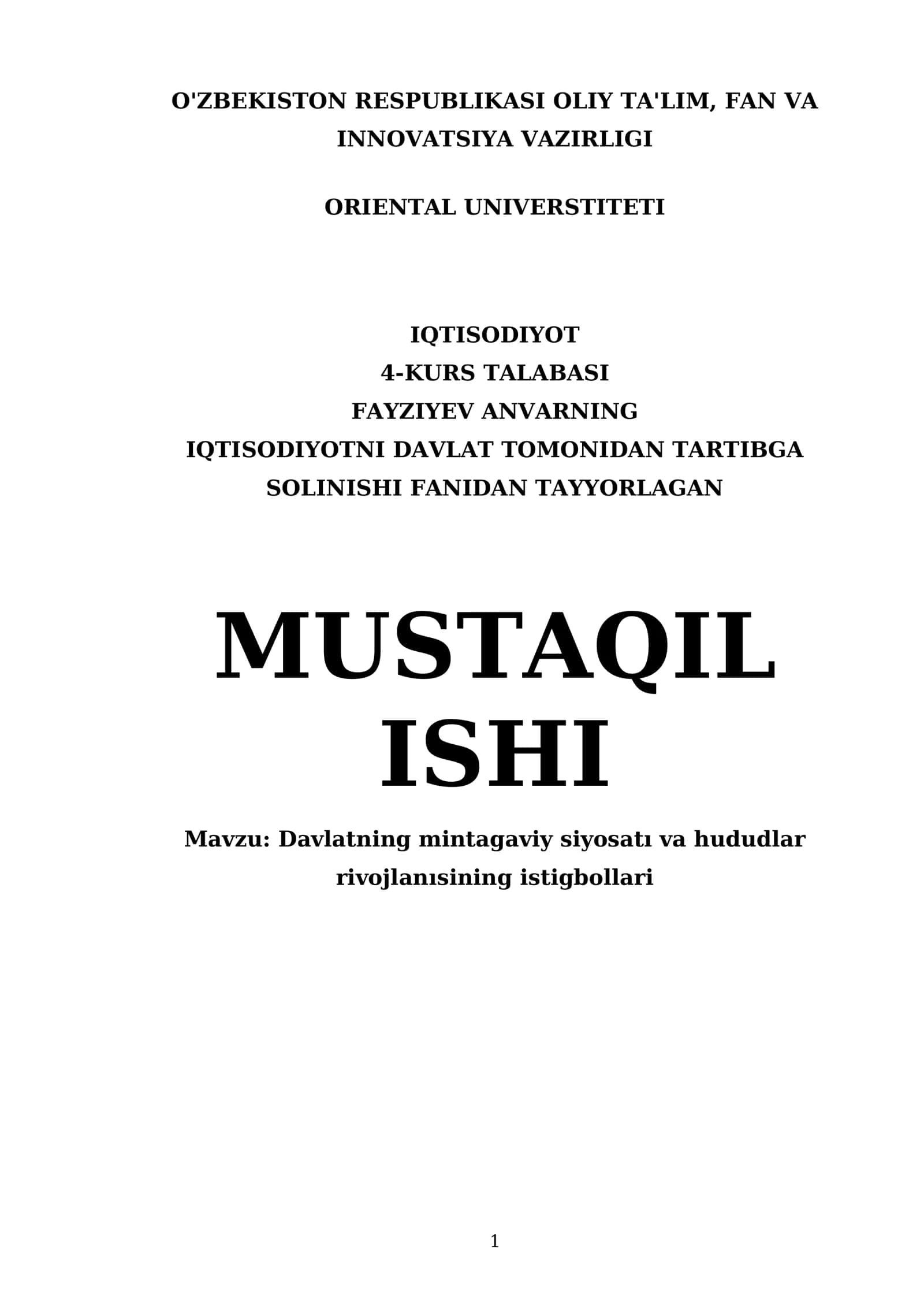 Davlatning mintagaviy siyosatı va hududlar rivojlanısining istigbollari