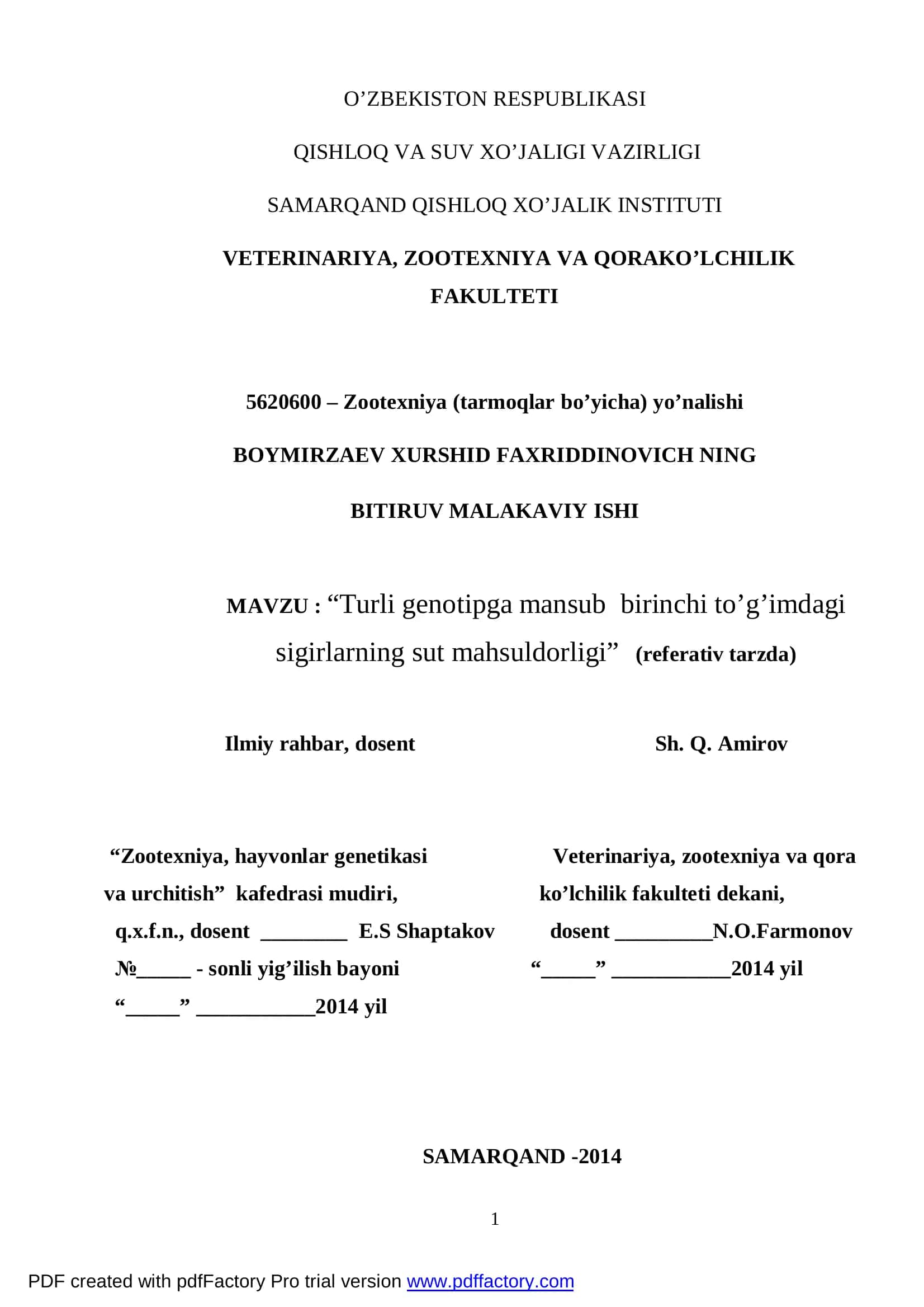 “Turli genotipga mansub birinchi to’g’imdagi sigirlarning sut mahsuldorligi”