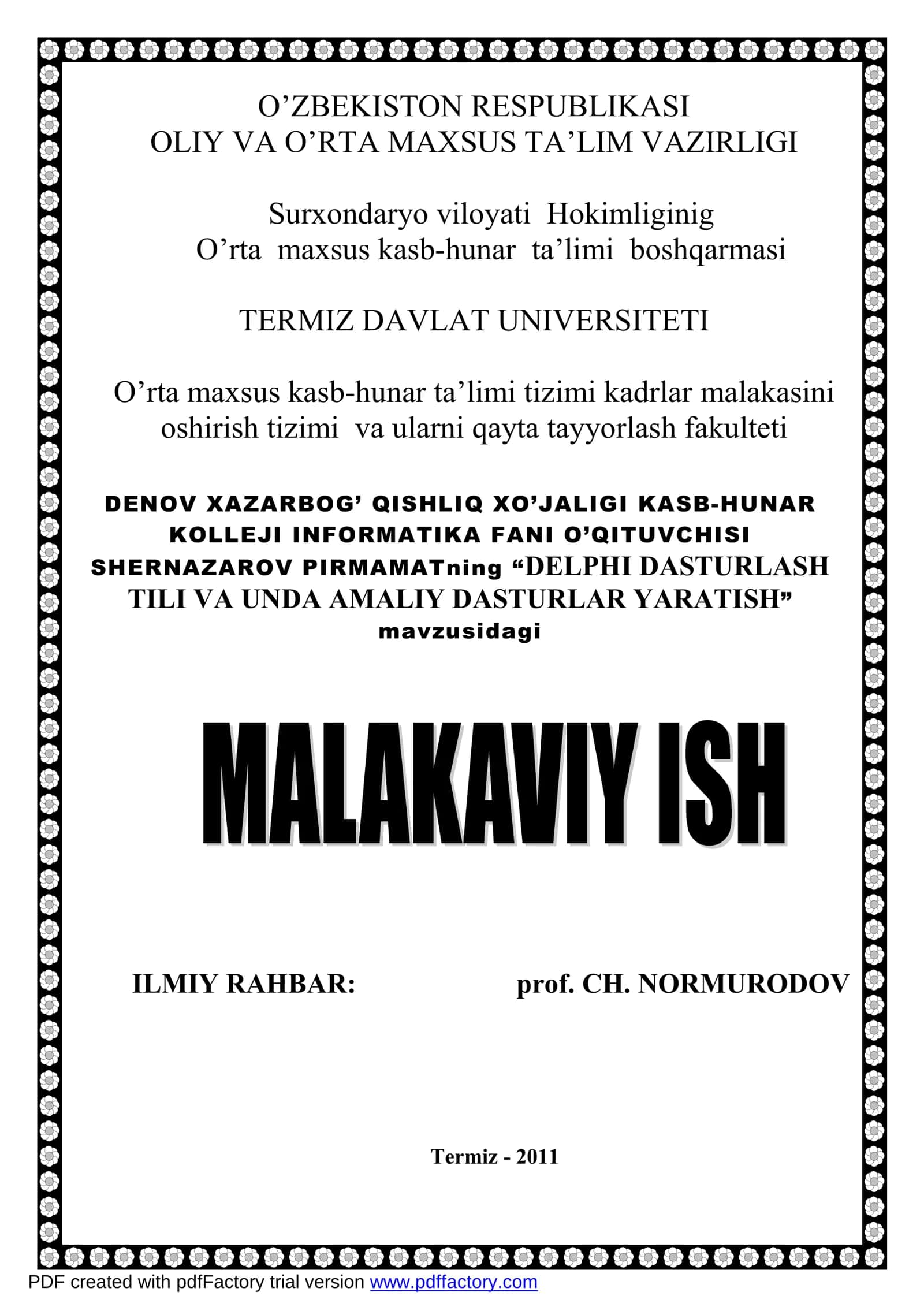DELPHI DASTURLASH TILI VA UNDA AMALIY DASTURLAR YARATISH