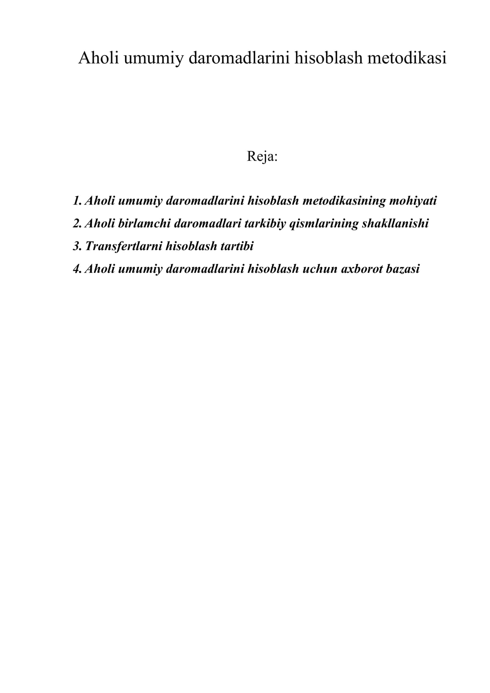 Aholi umumiy daromadlarini hisoblash metodikasi