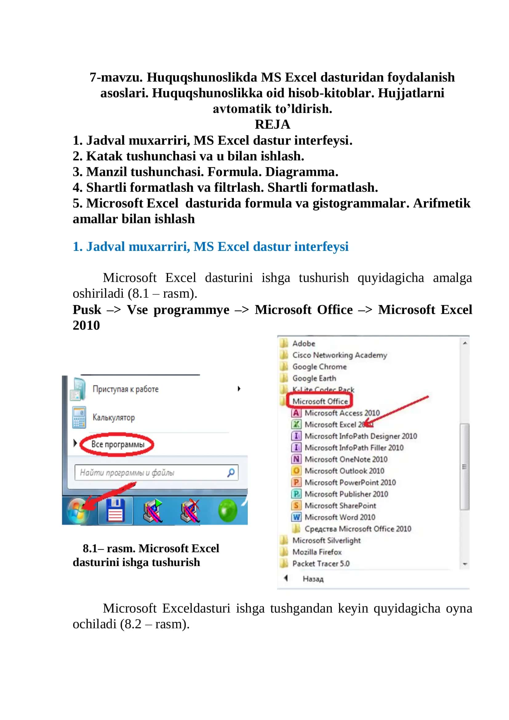 Huquqshunoslikda MS Excel dasturidan foydalanish asoslari