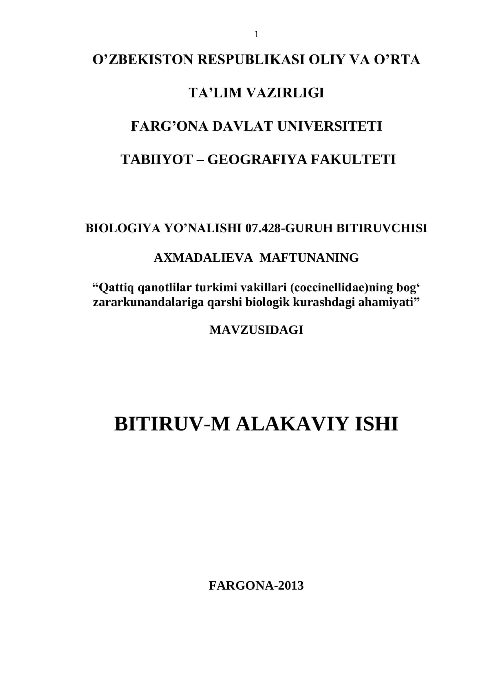 Qattiq qanotlilar turkimi vakillari (coccinellidae)ning bog„ zararkunandalariga qarshi biologik kurashdagi ahamiyati