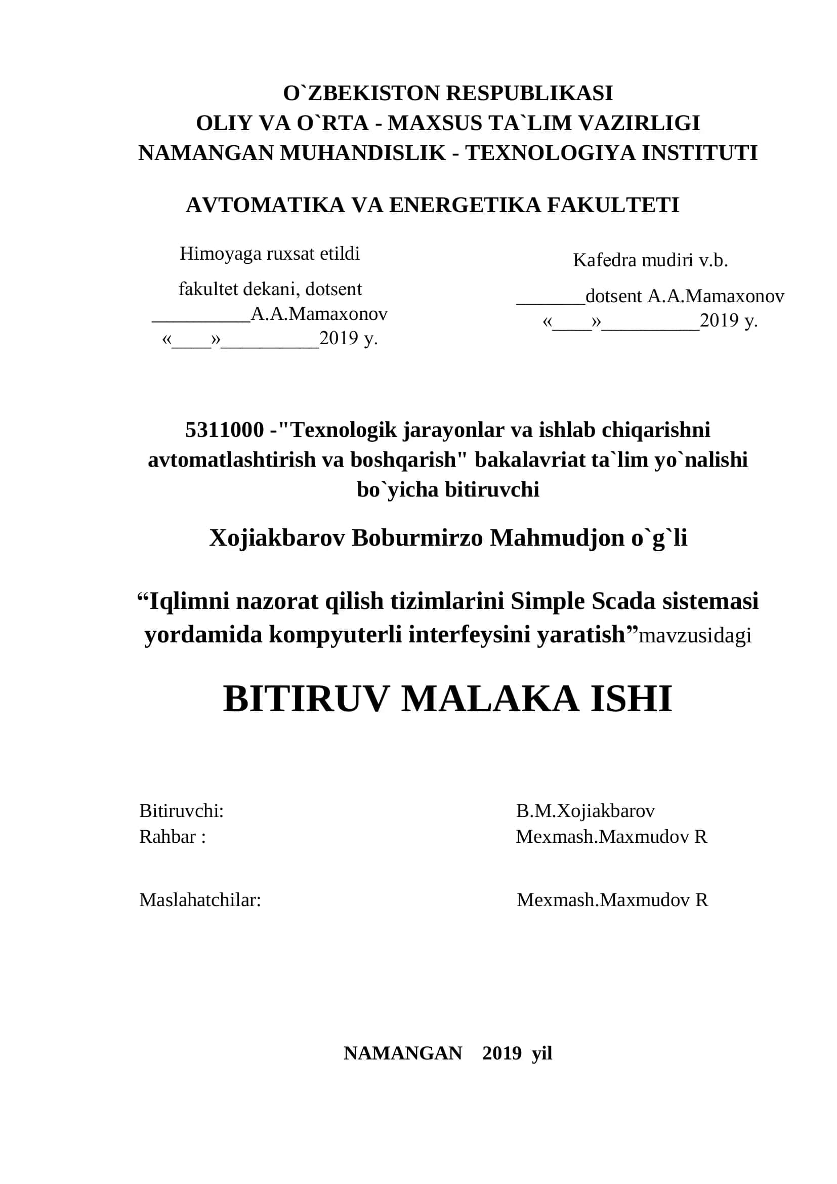 "Iqlimni nazorat qilish tizimlarini Simple Scada sistemasi yordamida kompyuterli interfeysini yaratish" mavzusidagi BITIRUV MALAKA ISHI