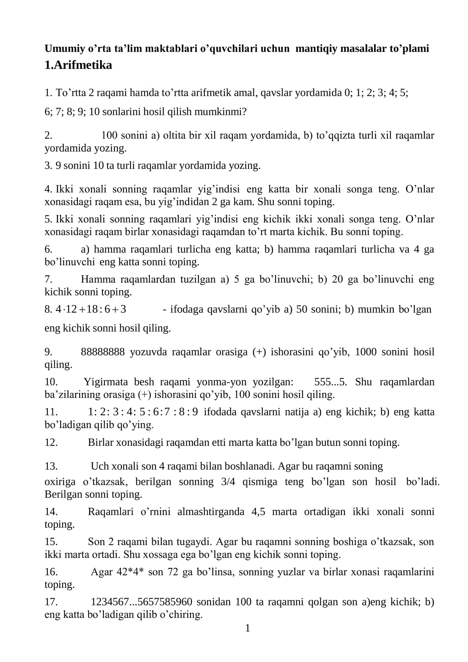 Umumiy o’rta ta’lim maktablari o’quvchilari uchun  mantiqiy masalalar to’plami
