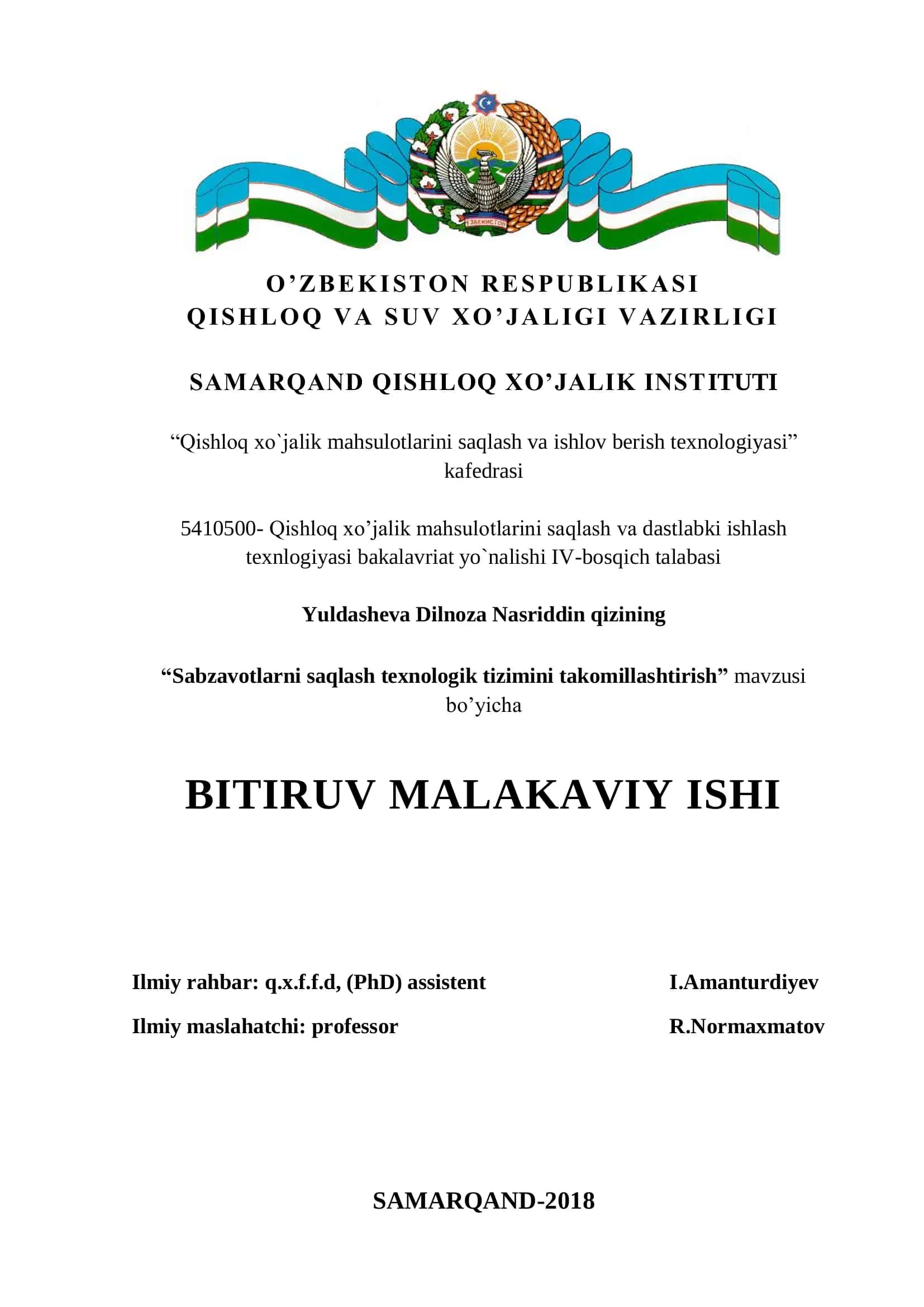 Sabzavotlarni saqlash texnologik tizimini takomillashtirish