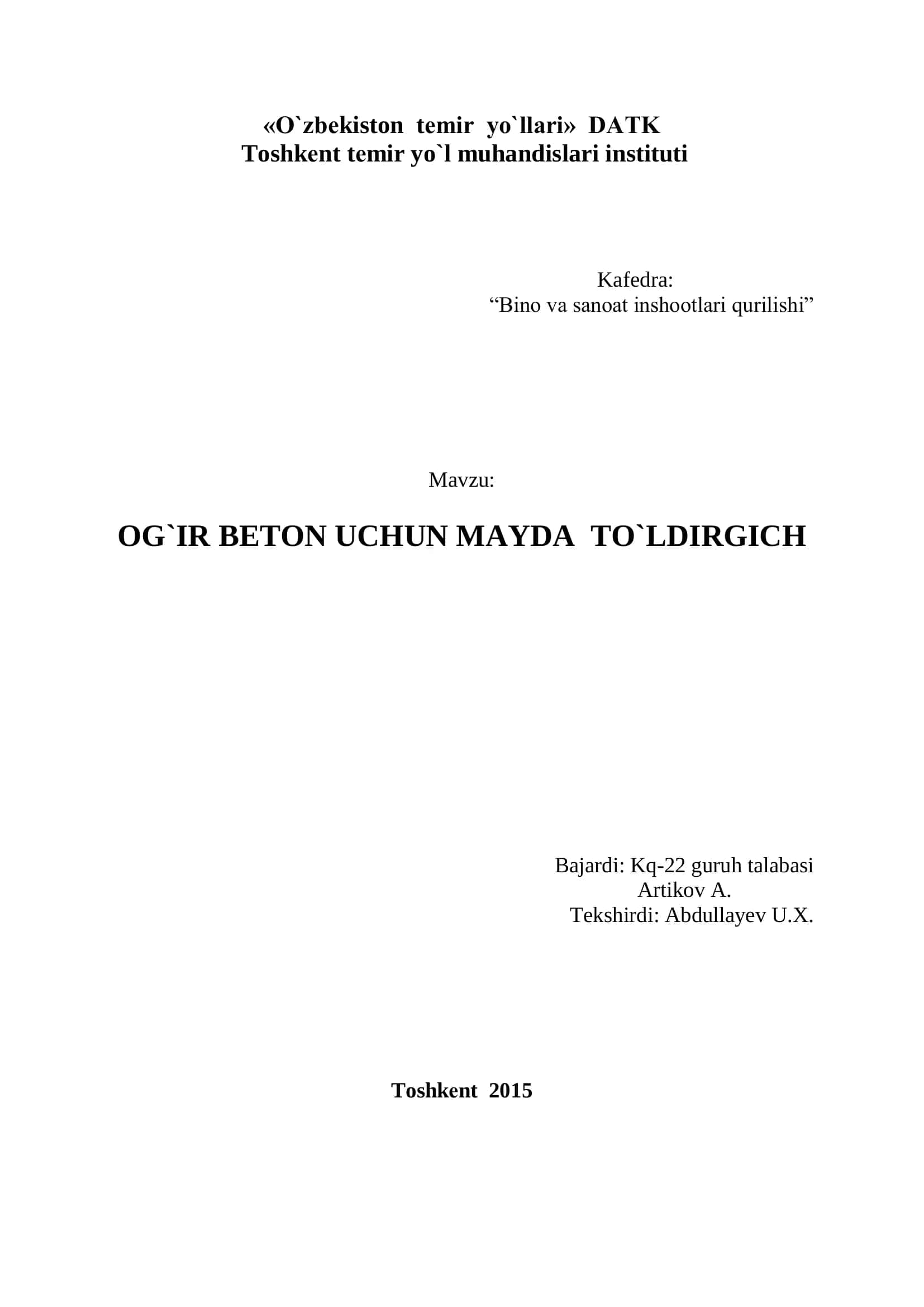 OG`IR BETON UCHUN MAYDA TO`LDIRGICH