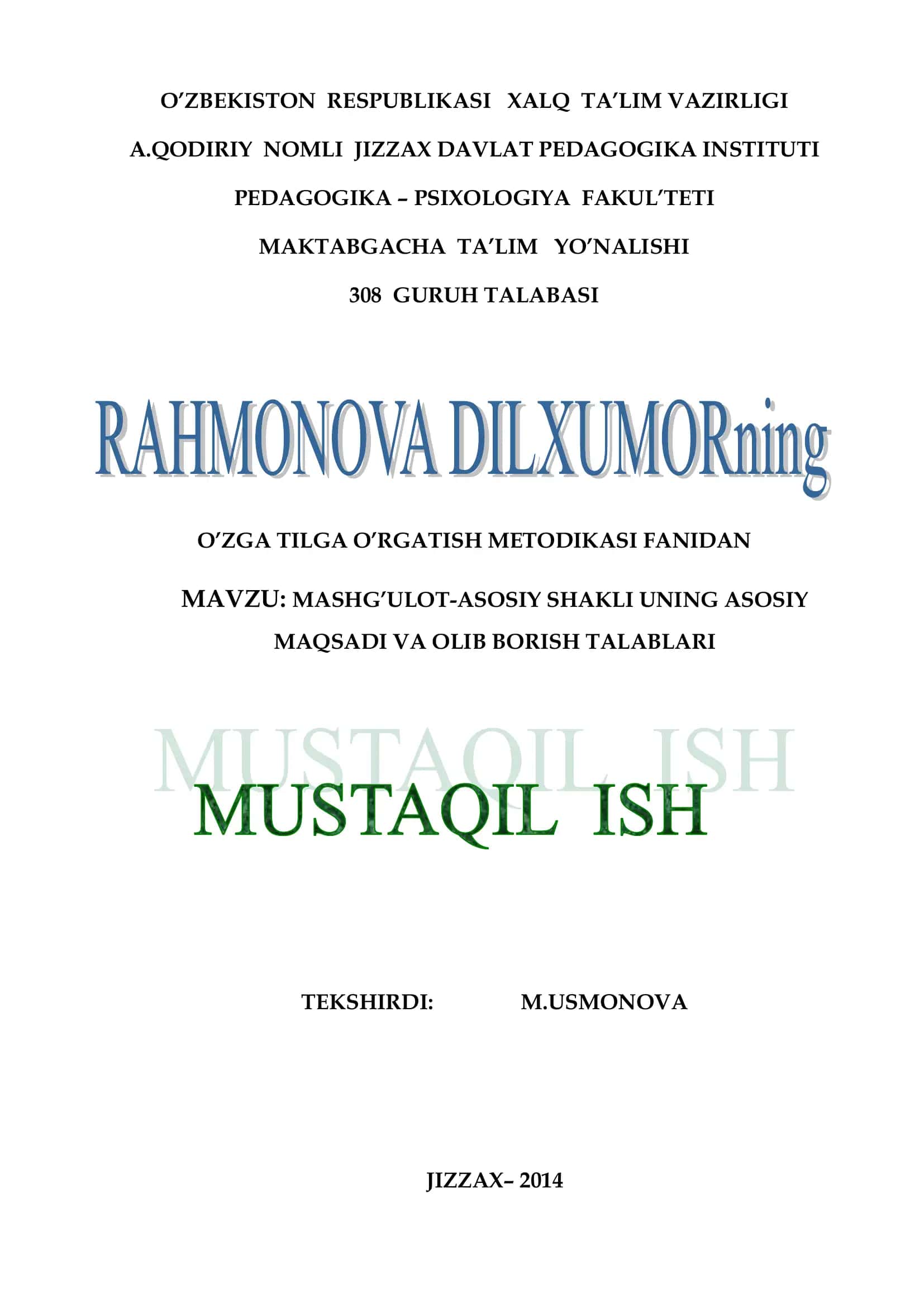 O’zga Tilga O’rgatish Metodikasi Fanidan