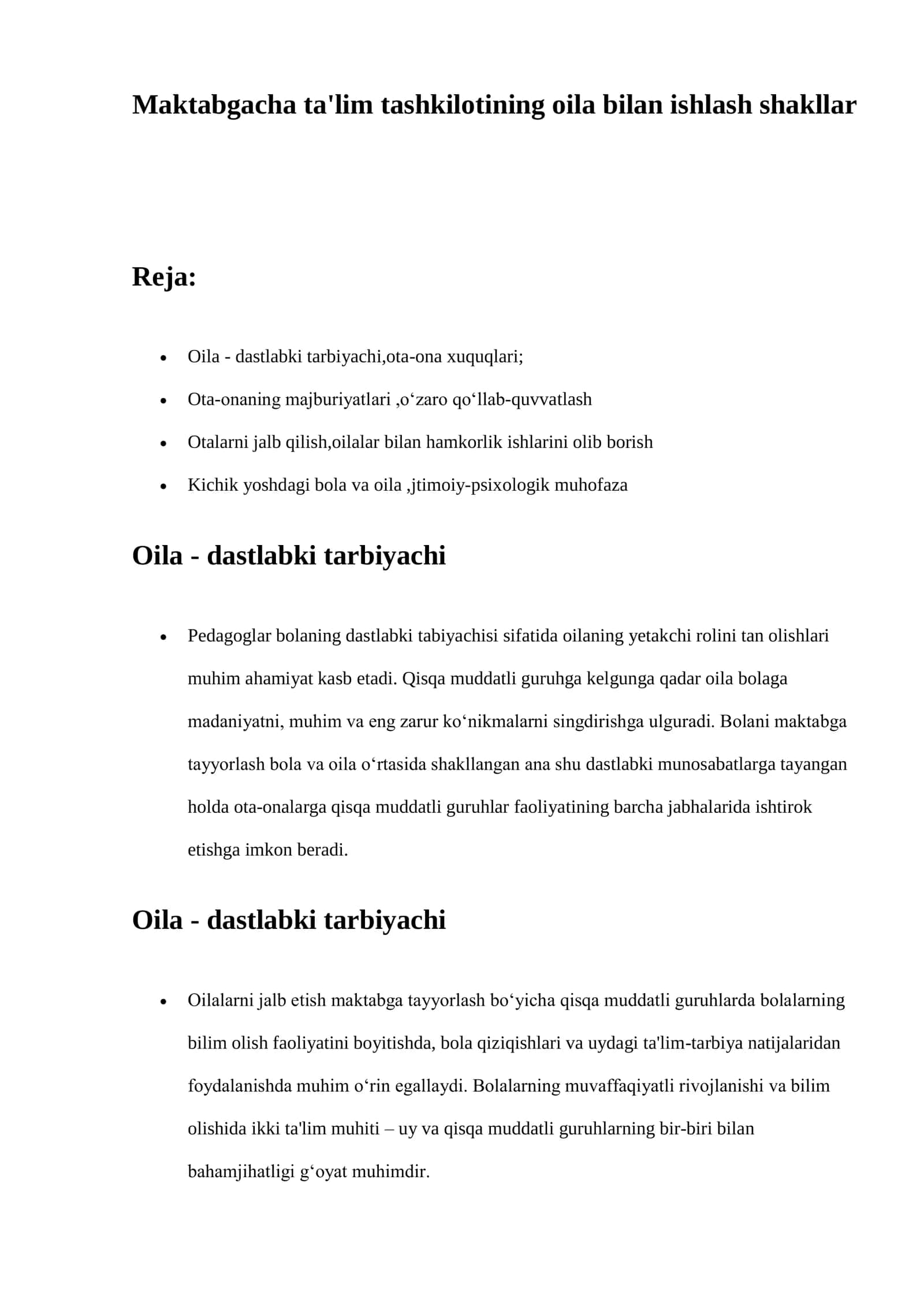 Maktabgacha ta'lim tashkilotining oila bilan ishlash shakllar