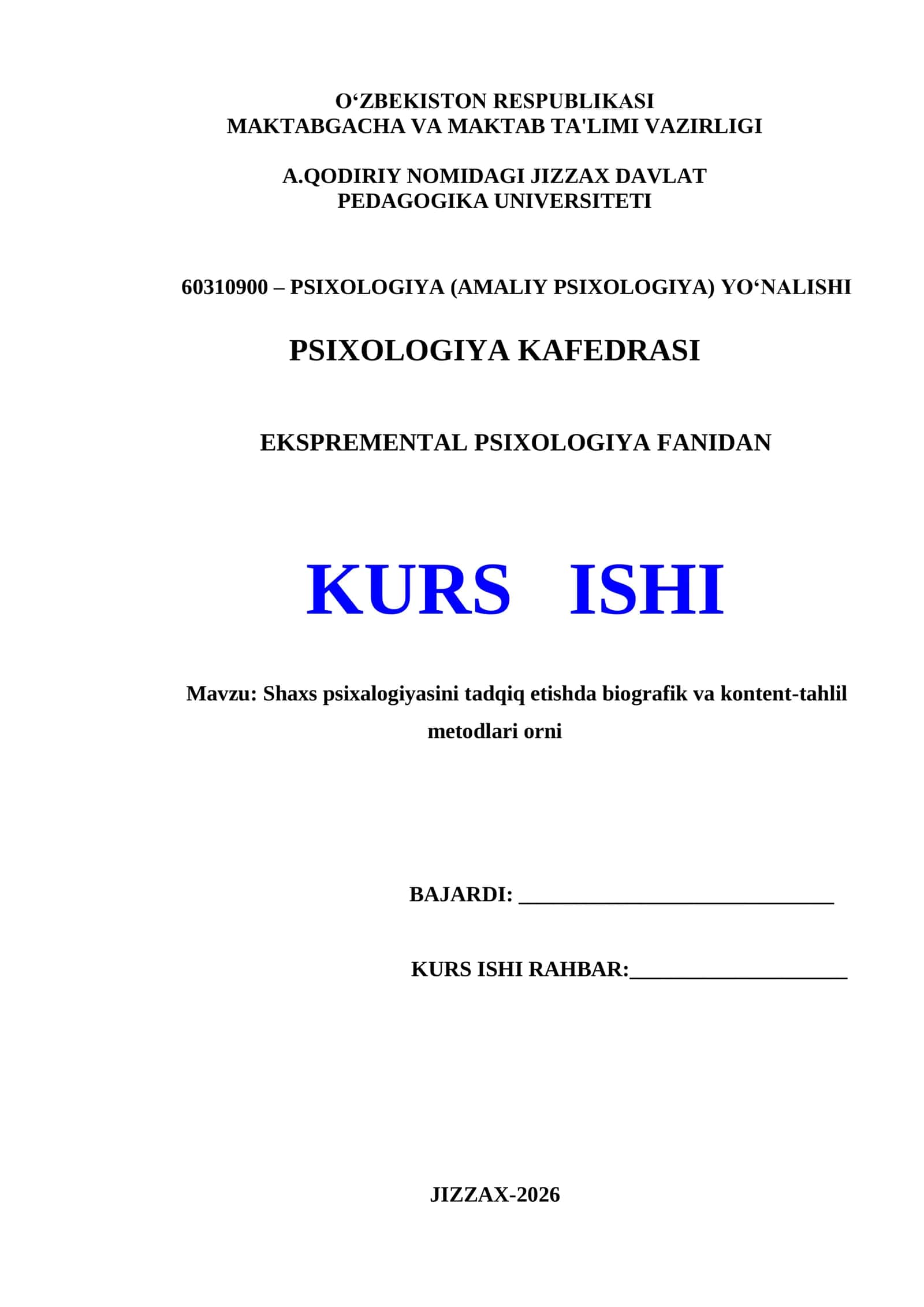 EKSPERIMENTAL PSIXOLOGIYA FANIDAN KURS ISHI