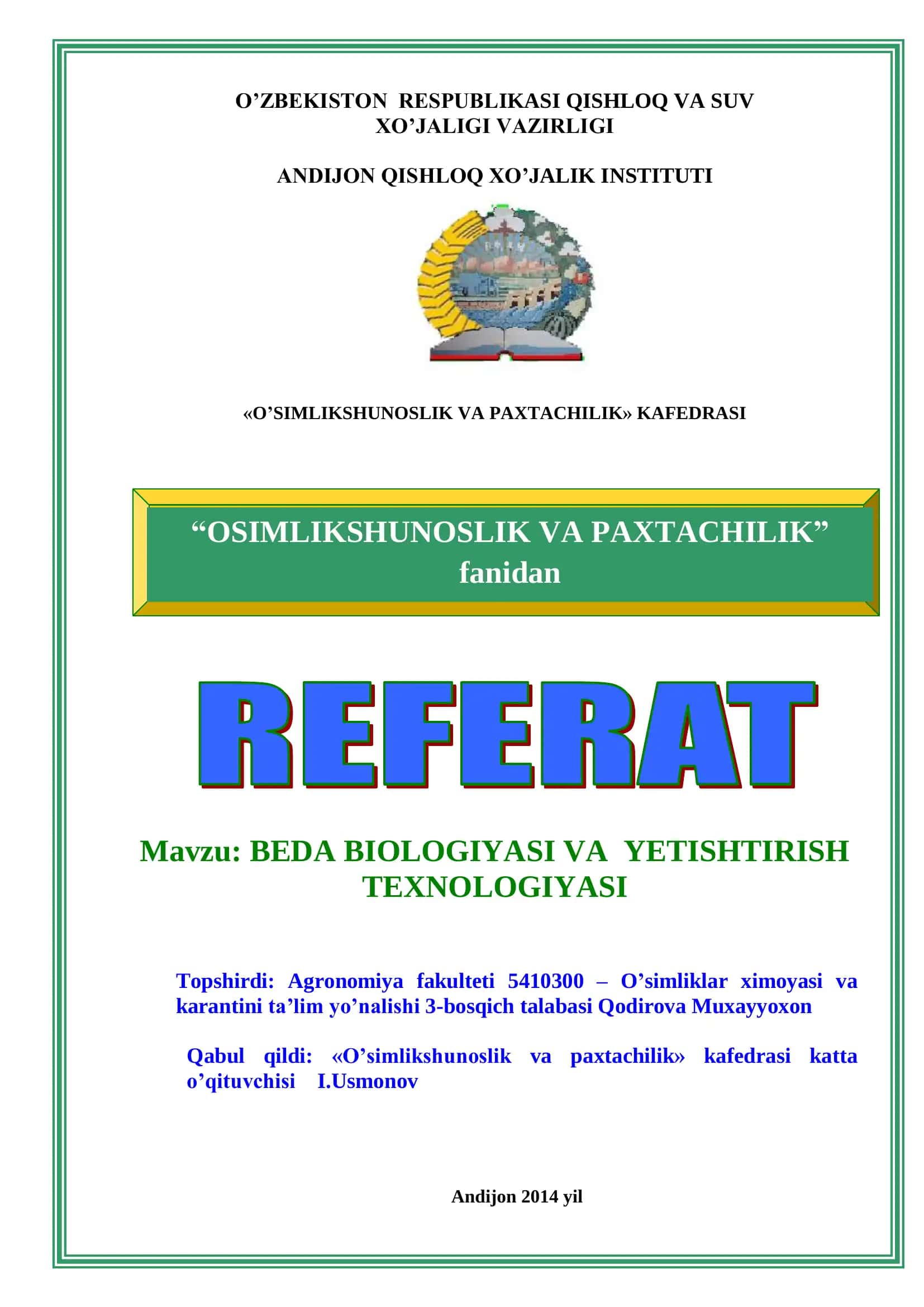 BEDA BIOLOGIYASI VA YETISHTIRISH TEXNOLOGIYASI