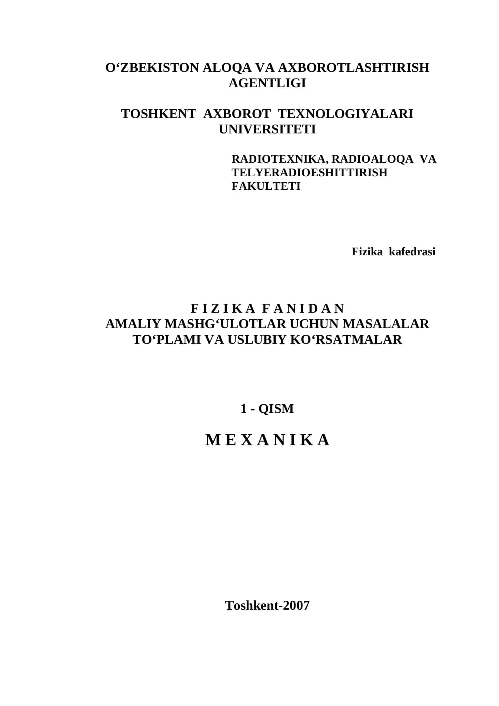Amaliy Mashg'ulotlar Uchun Masalalar Toplami va Uslubiy Ko'rsatmalar