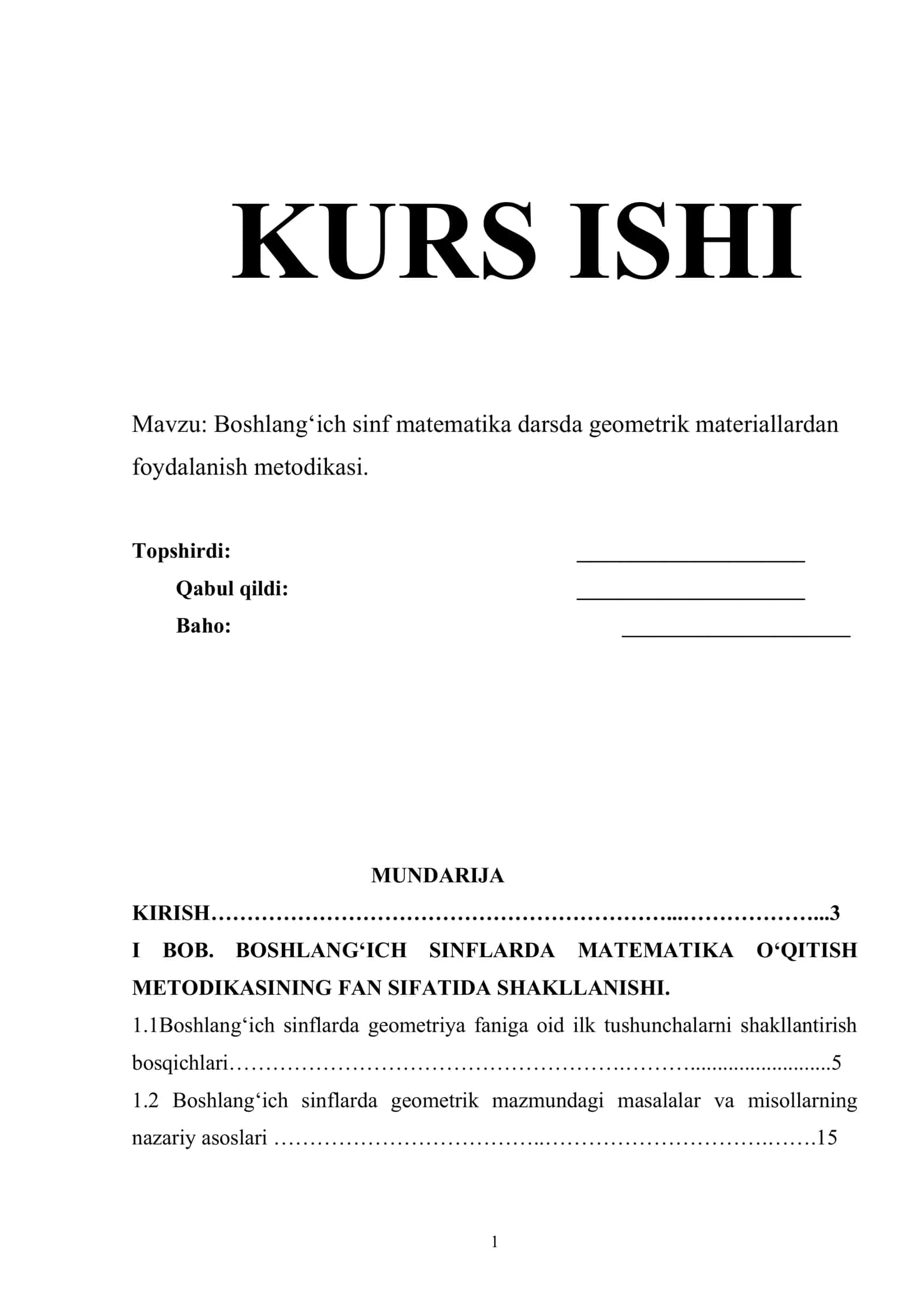 Boshlang‘ich sinf matematika darsda geometrik materiallardan foydalanish metodikasi