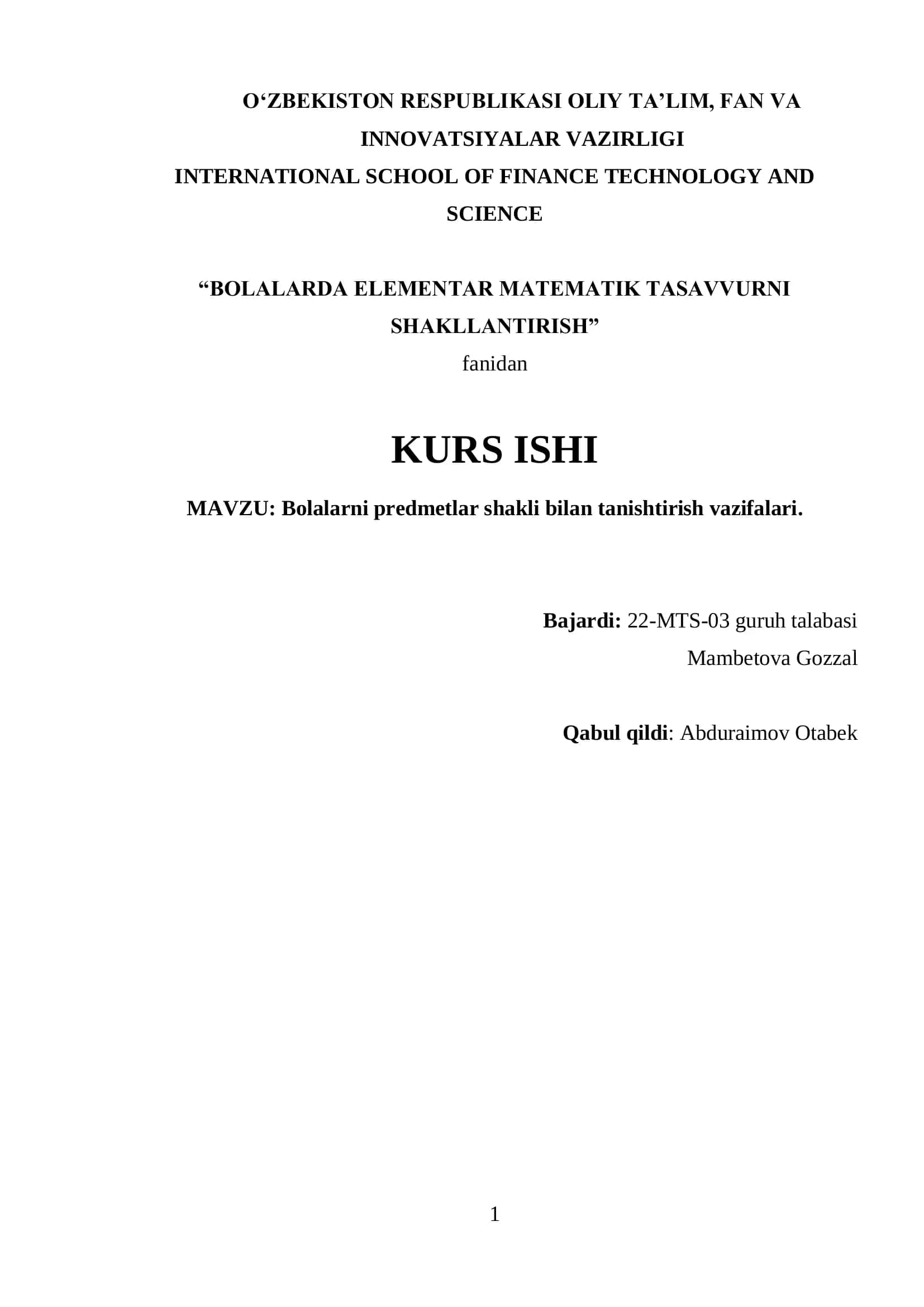 Bolalarda Elementar Matematik Tasavvurni Shakllantirish