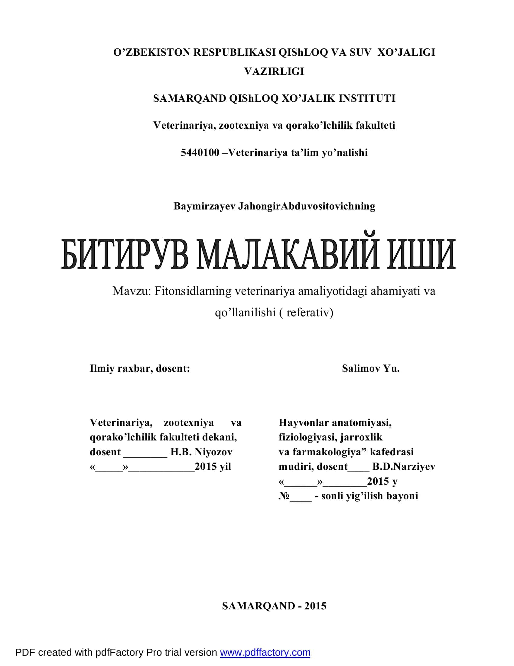 Fitonsidlarning veterinariya amaliyotidagi ahamiyati va qo’llanilishi