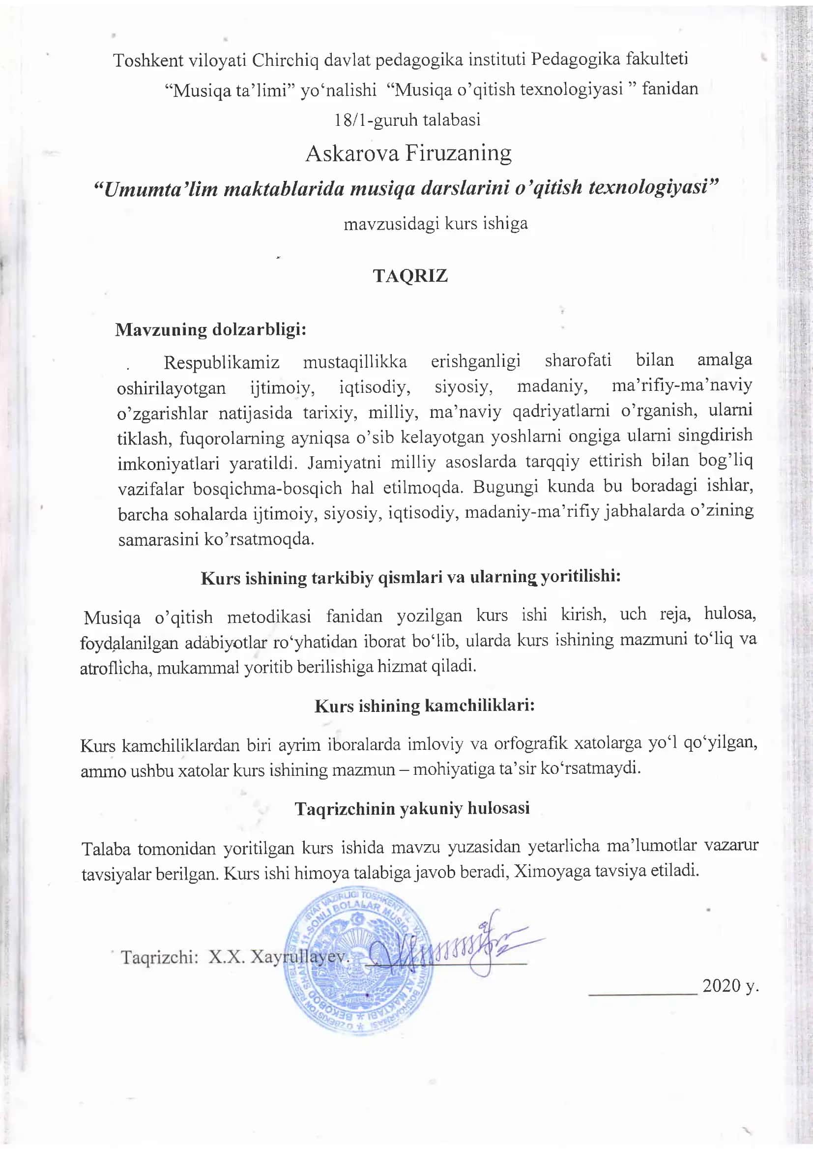"Musiqa ta'limi" yo'nalishi "Musiqa o'qitish texnologiyasi " fanidan 18/1-guruh talabasi