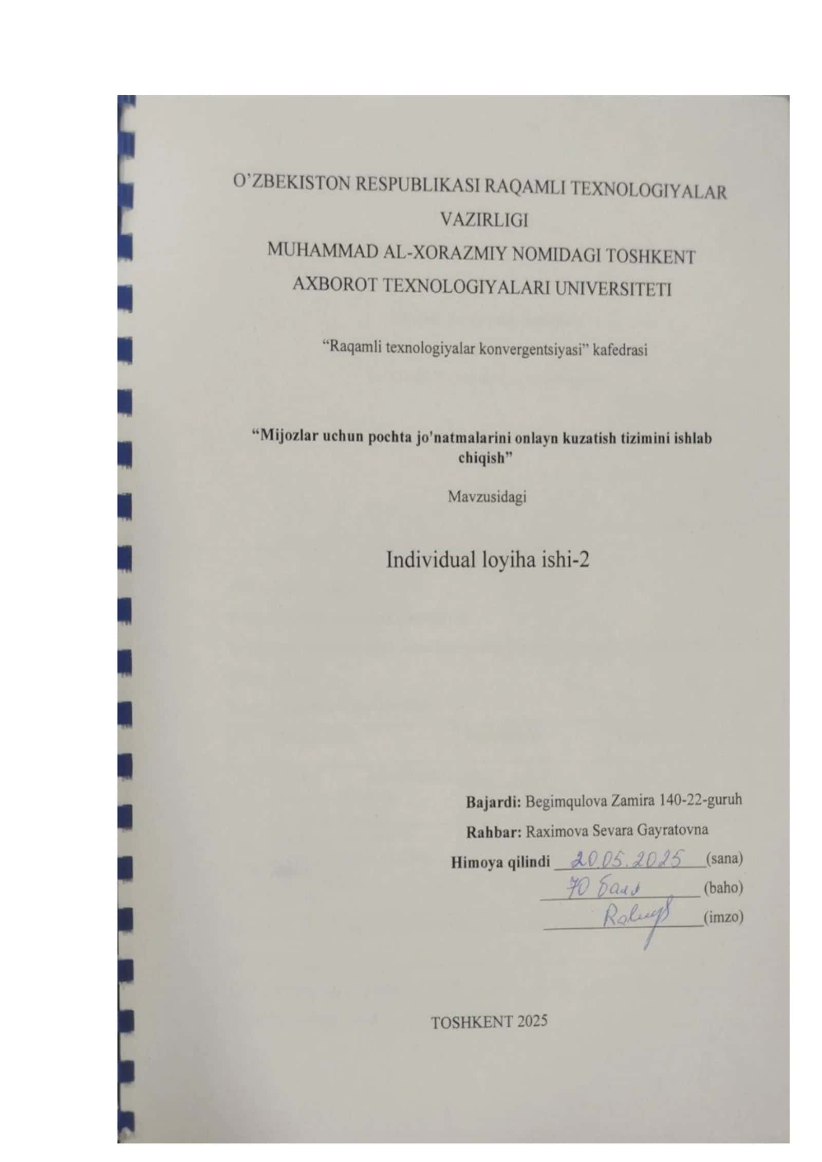 Mijozlar uchun pochta joʻnatmalarini onlayn kuzatish tizimini ishlab chiqish