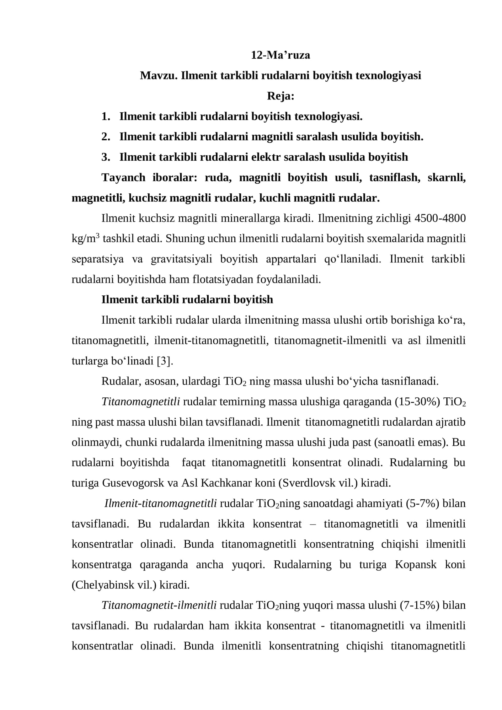 Ilmenit tarkibli rudalarni boyitish texnologiyasi