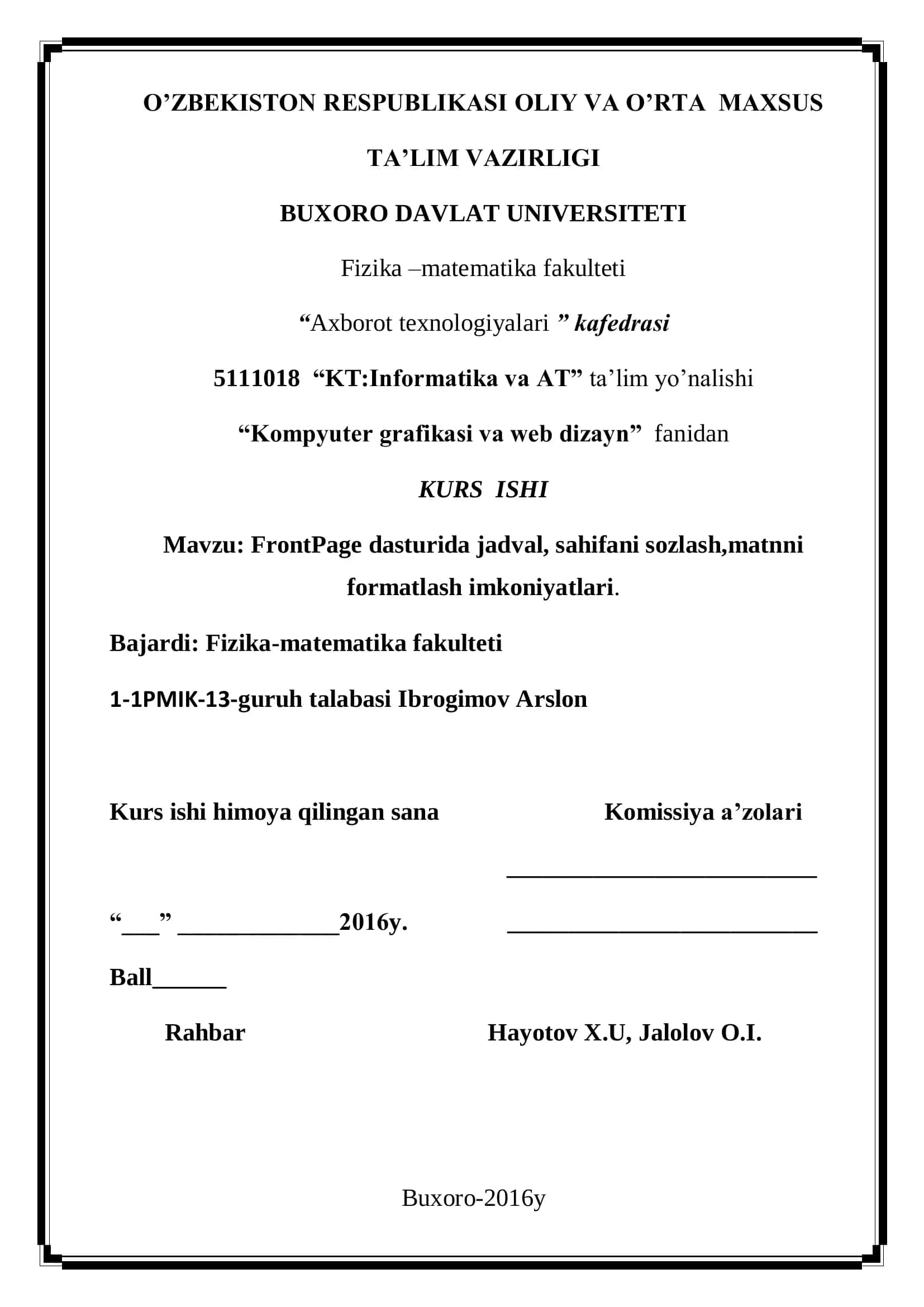 FrontPage dasturida jadval, sahifani sozlash, matnni formatlash imkoniyatlari