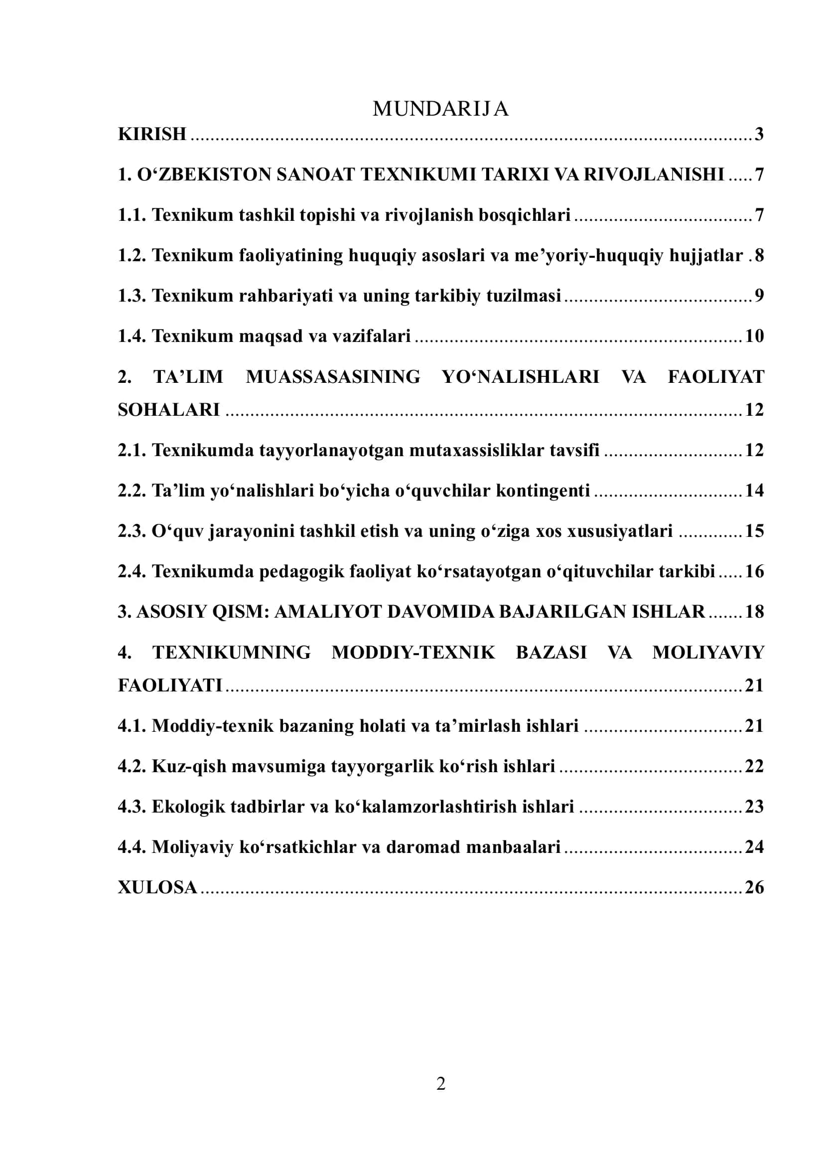 O'zbekistom sanoat texnikumlari va ularning faoliyati amaliyot hisoboti