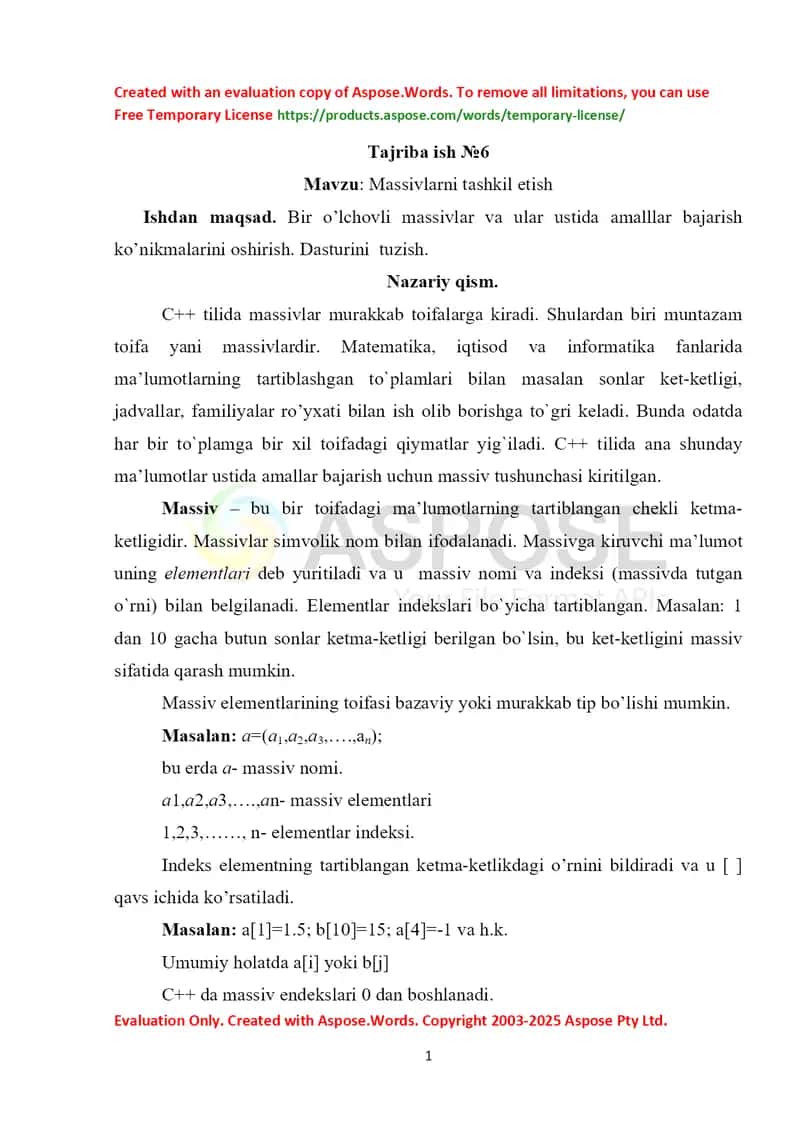 Massivlarni tashkil etish