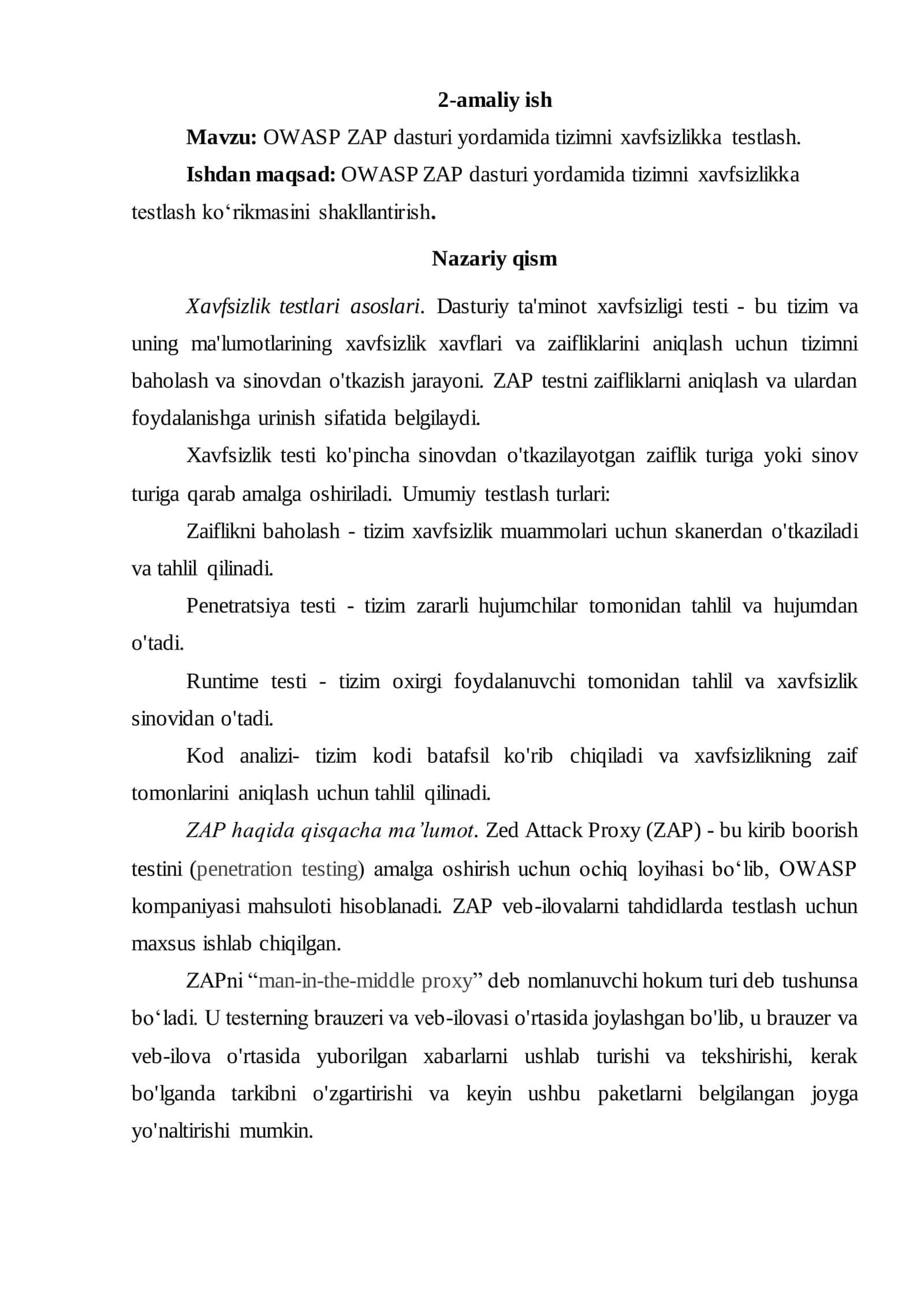 OWASP ZAP dasturi yordamida tizimni xavfsizlikka testlash
