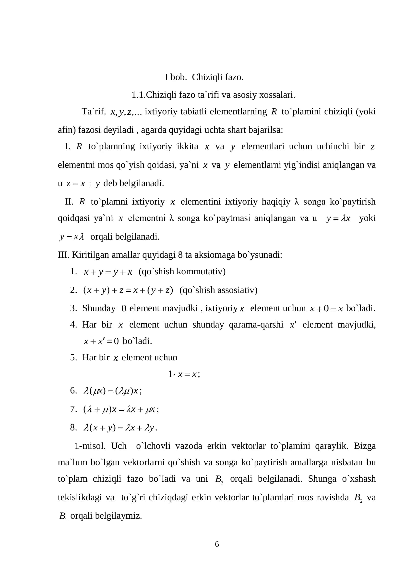 Chiziqli fazo ta`rifi va asosiy xossalari.