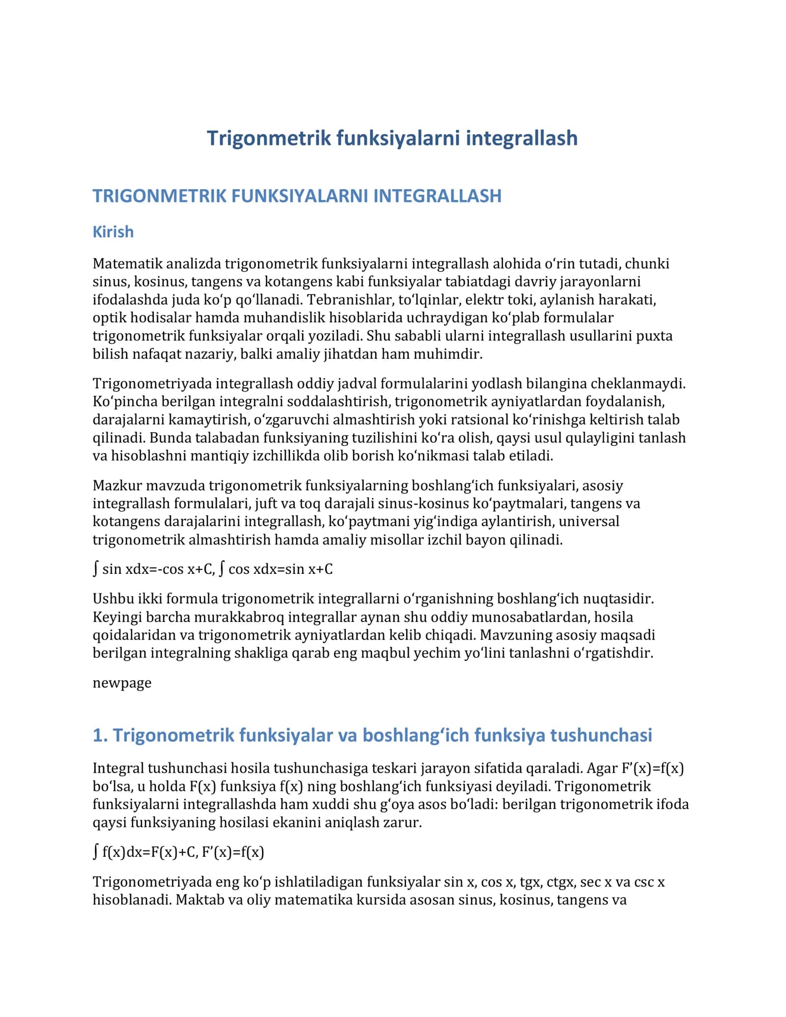 TRIGONOMETRIK FUNKSIYALARNI INTEGRALLASH