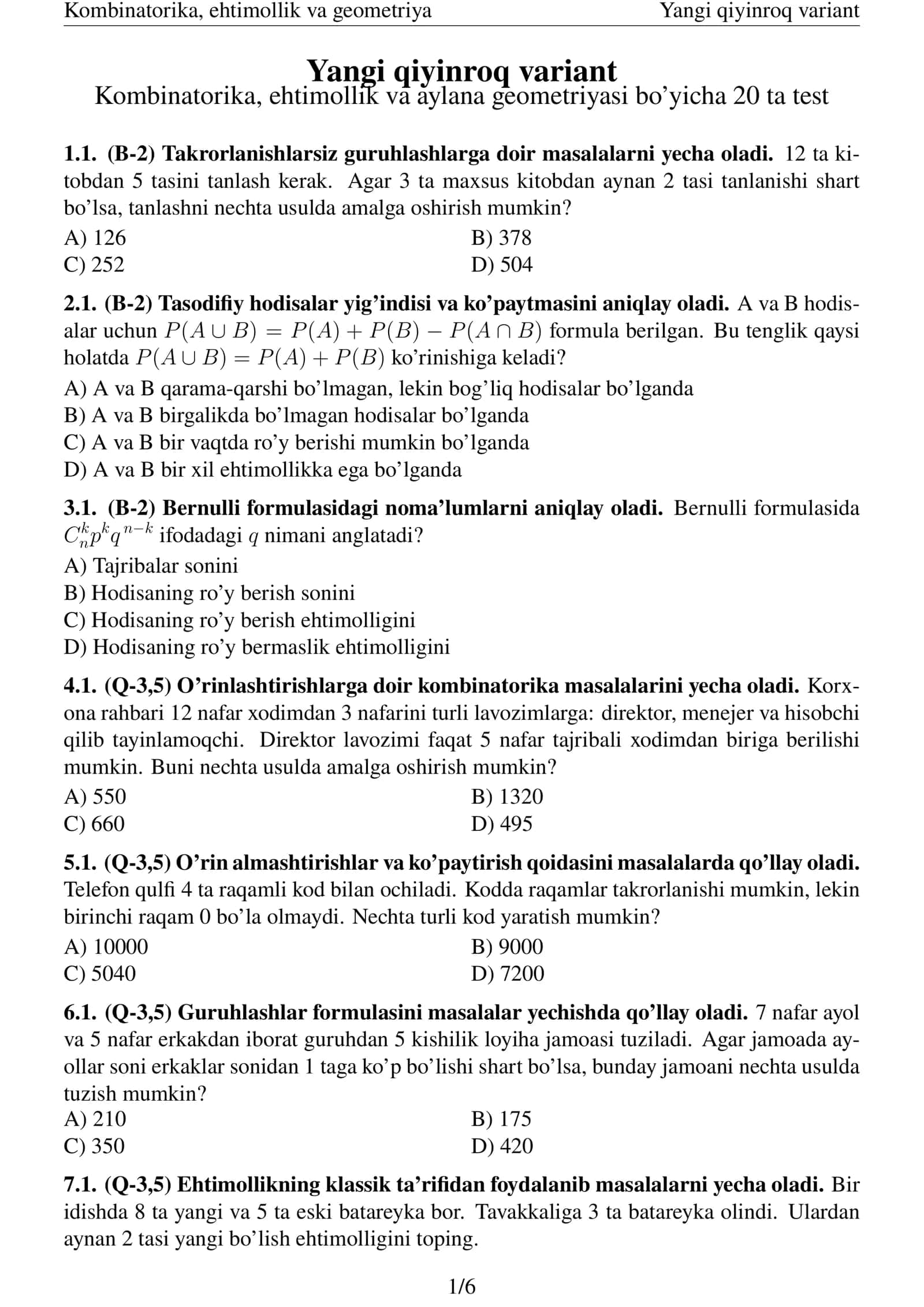Kombinatorika, ehtimollik va geometriya