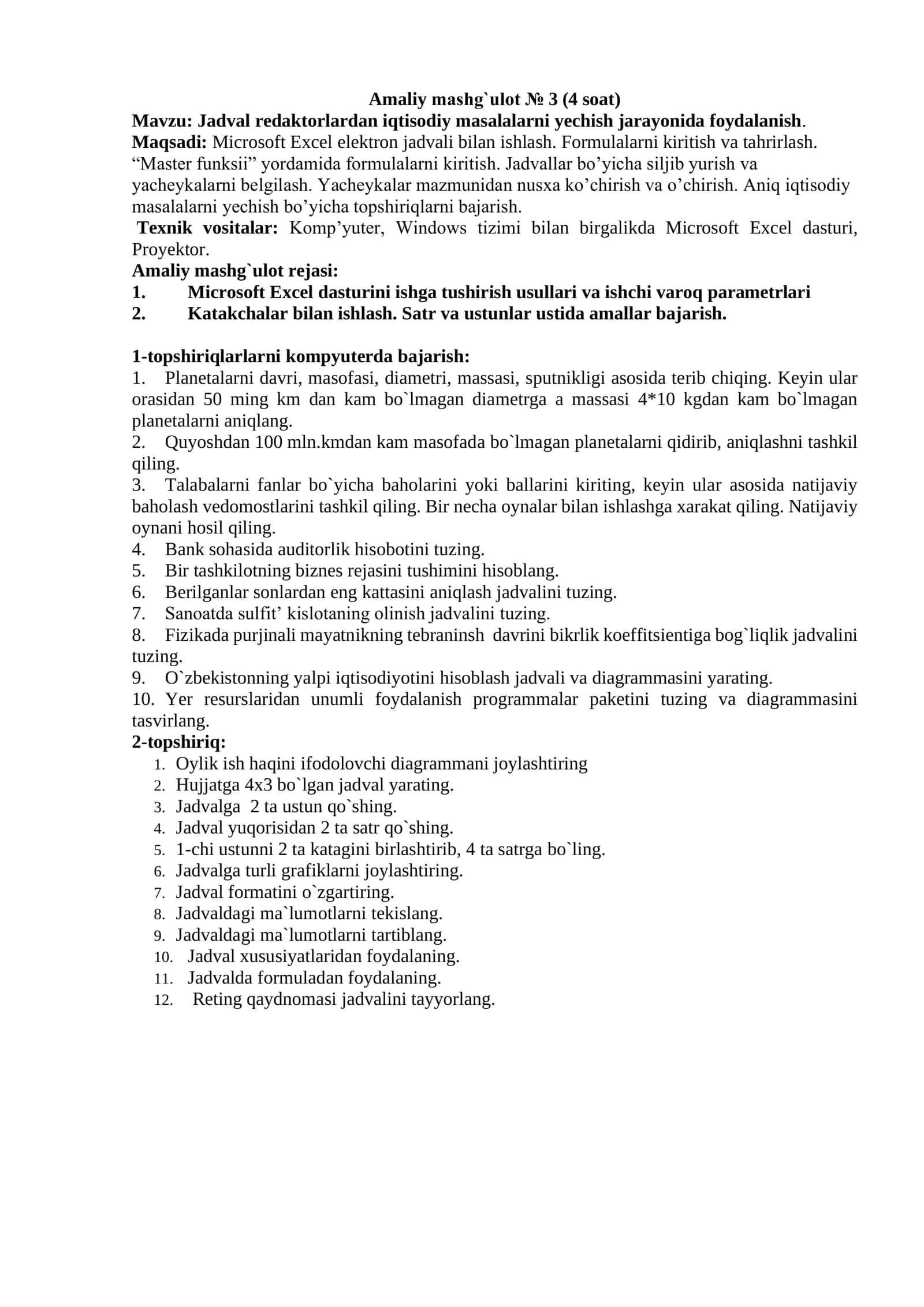 Jadval redaktorlardan iqtisodiy masalalarni yechish jarayonida foydalanish