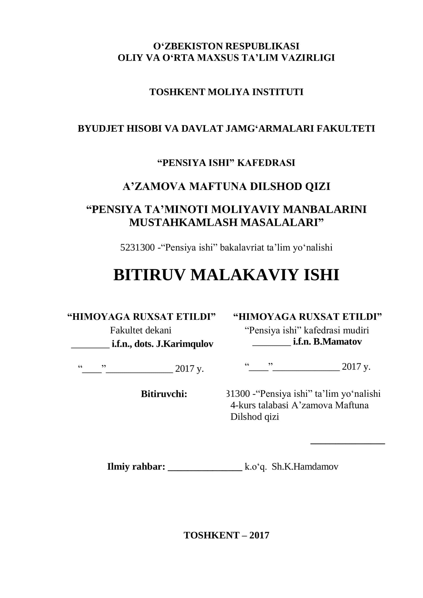 PENSIYA TA’MINOTI MOLIYAVIY MANBALARINI MUSTAHKAMLASH MASALALARI