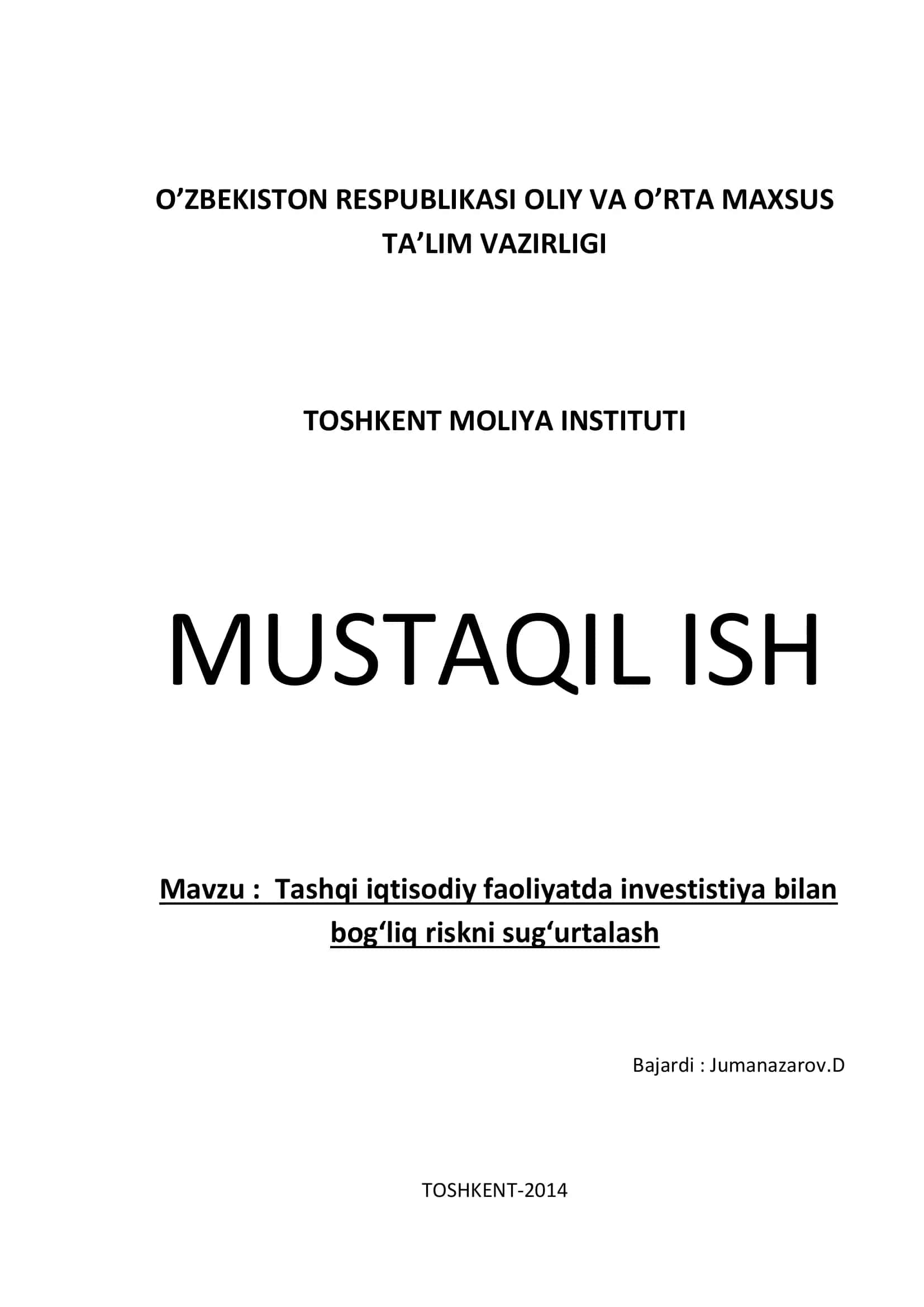 Tashqi iqtisodiy faoliyatda investistiya bilan bog‘liq riskni sug‘urtalash
