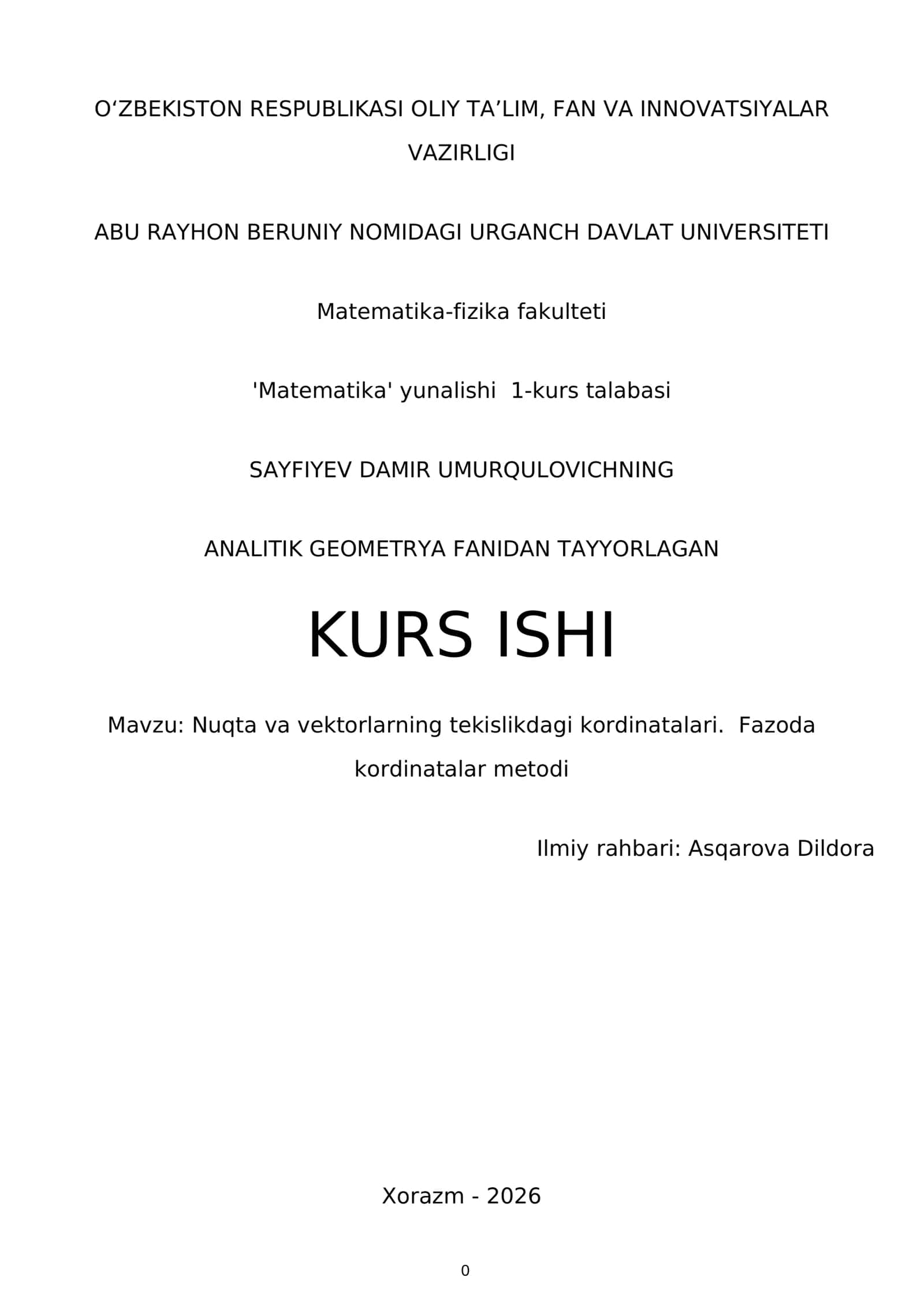 Kurs ishi: Analitik Geometrya Fanidan Tayyorlagan