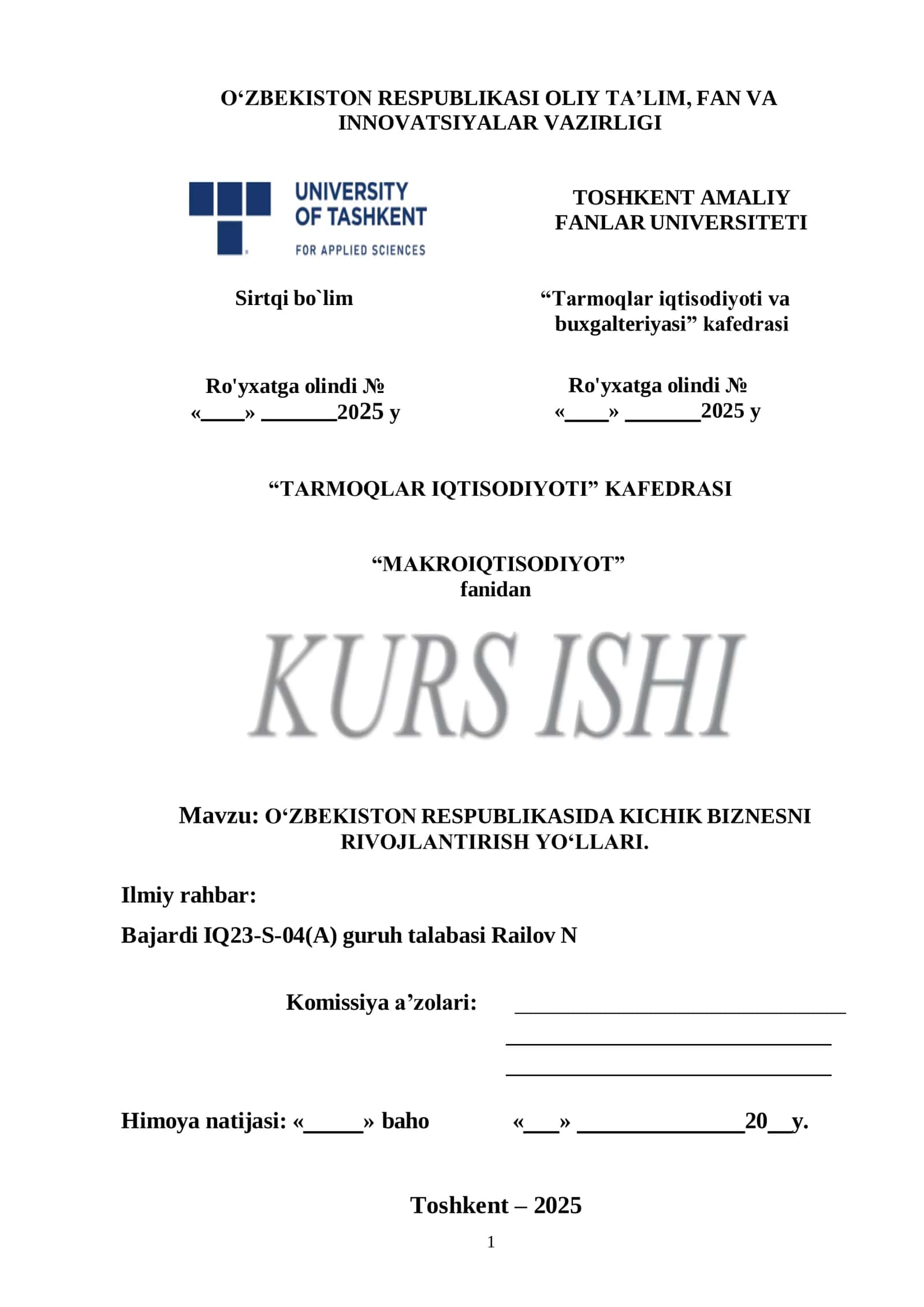 O‘ZBEKISTON RESPUBLIKASIDA KICHIK BIZNESNI RIVOJLANTIRISH YO‘LLARI
