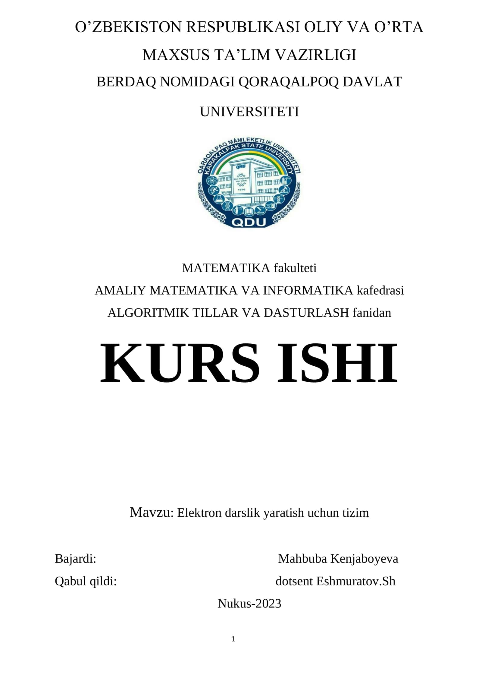 Elektron darslik yaratish uchun tizim kurs ishi