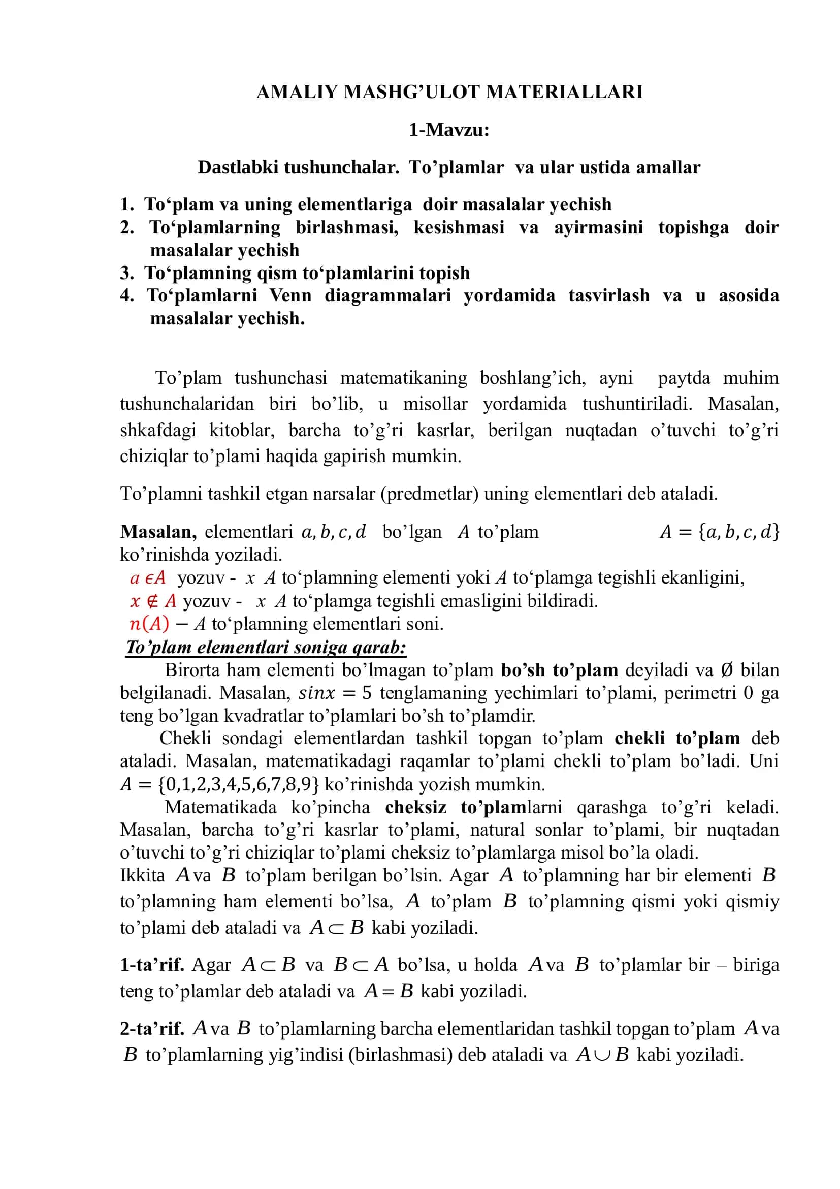 AMALIY MASHG’ULOT MATERIALLARI