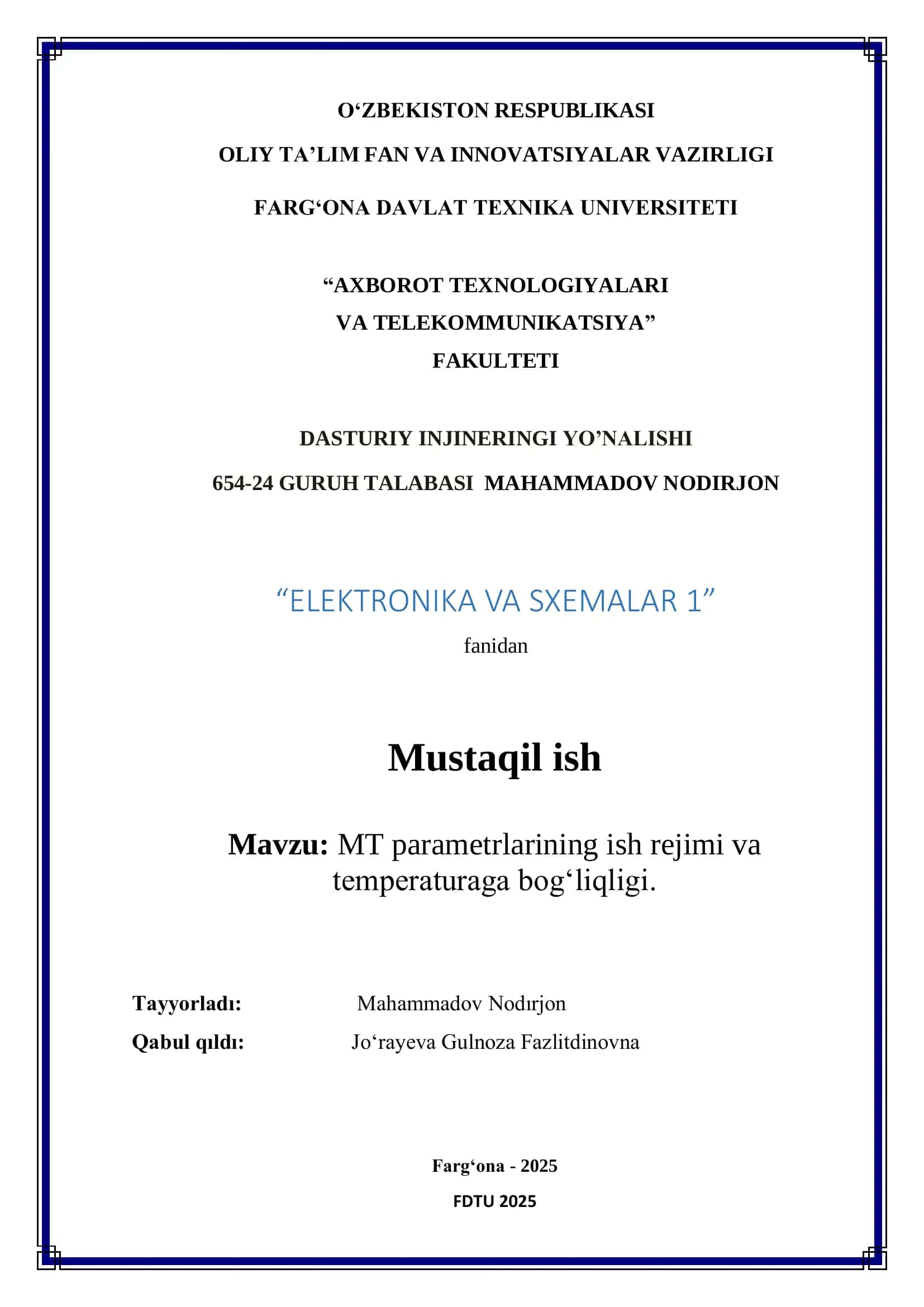refarat elektronika fanidan Maydon transistoring parametrlarining ish rejimi va temperaturaga bog‘liqligi.