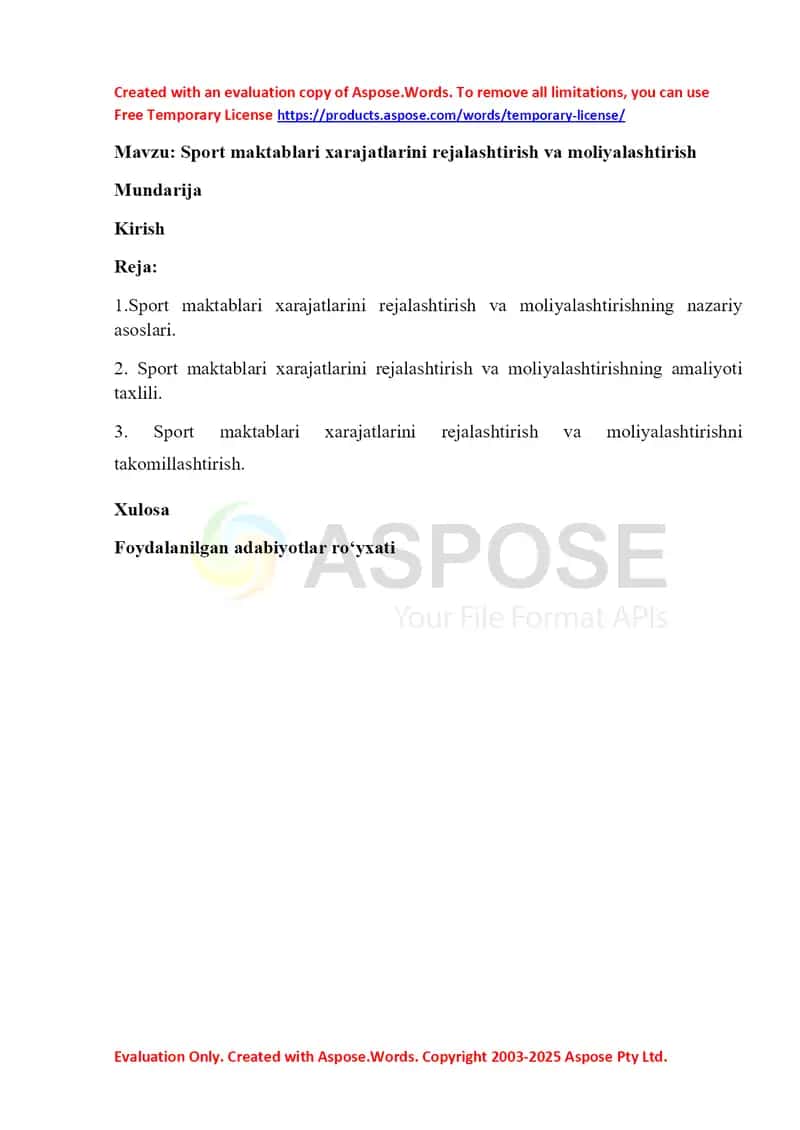 Sport maktablari xarajatlarini rejalashtirish va moliyalashtirish